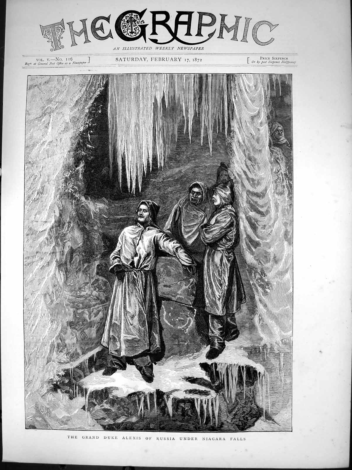 Antique Old Print Grand Duke Alexis Russia Under Niagara Falls Icicles 1872