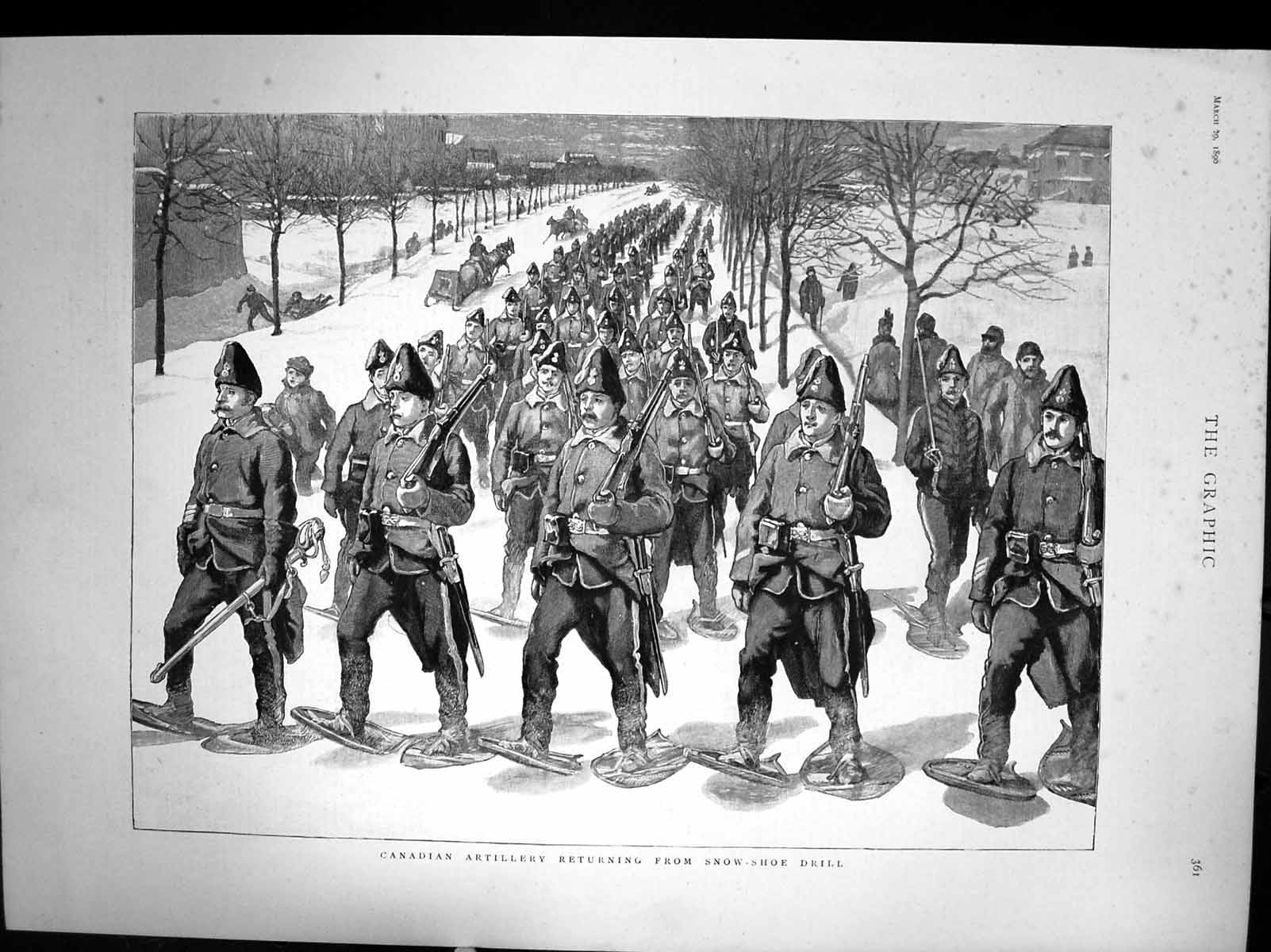 Old Antique Print Canadian Artillery Returning From Snow Shoe Drill 1890 19th