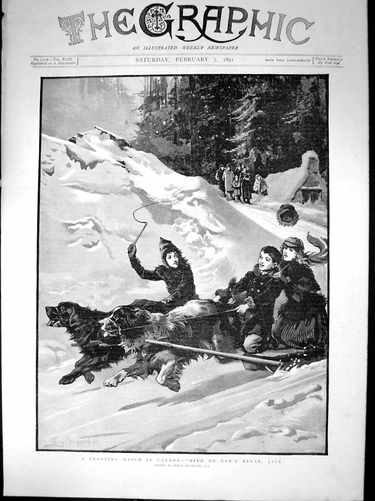 Antique Old Print Trotting Match Canada Dogs Pull Children Sledge Snow 1891
