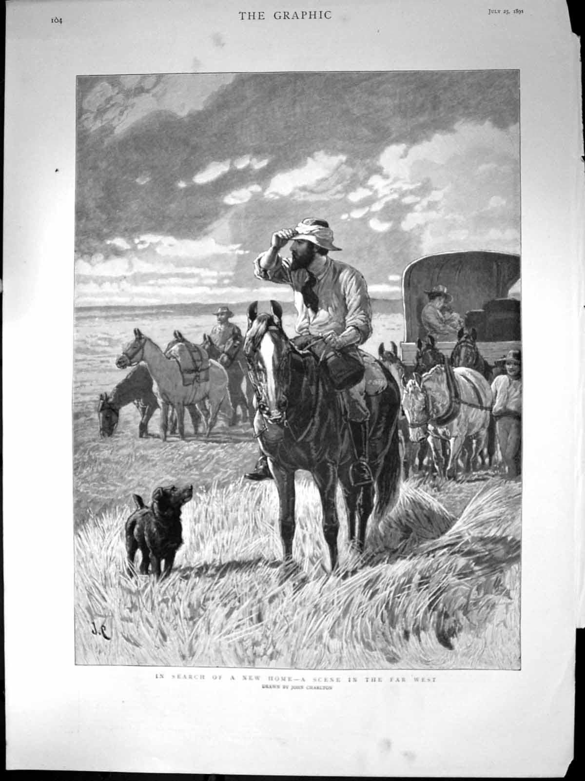 Antique Old Print Search New Home Scene Far West Family Horse Waggon Dog 1891