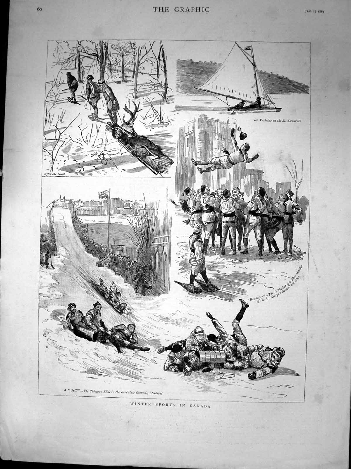 Old Winter Sports Canada Ice Yachting St Lawrence Toboggan Slide 1887 Victorian
