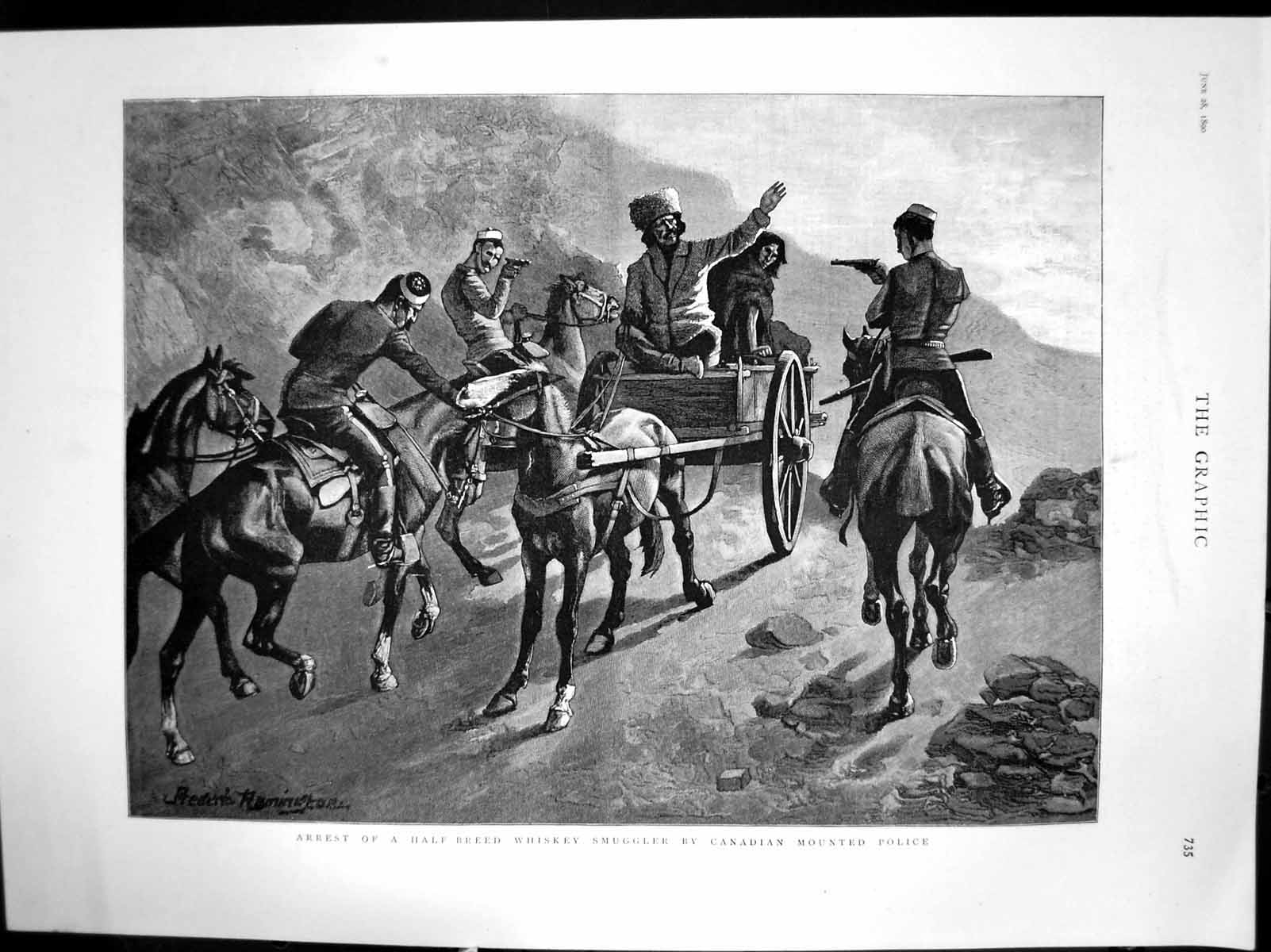 Old Print Arrest Half Breed Whiskey Smuggler Canadian Mounted Police 1890 19th