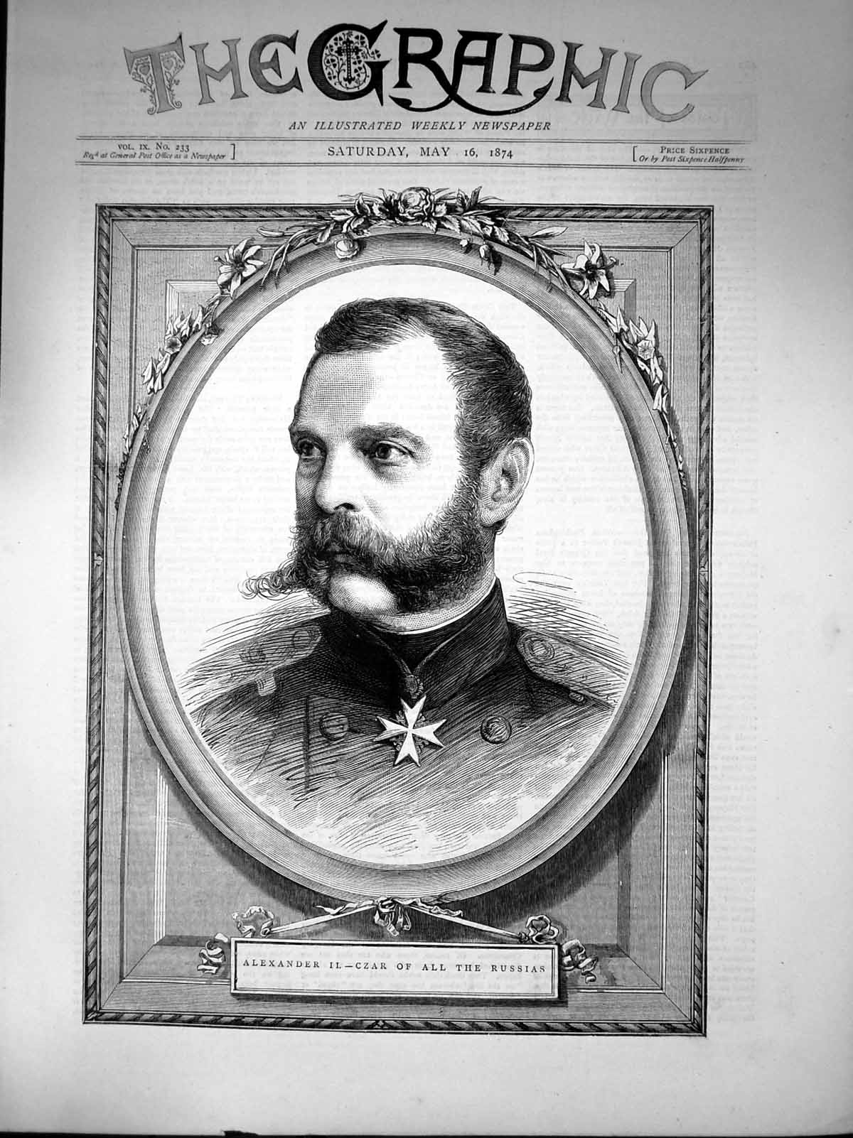 Old Antique Print Alexander 11 Czar Russias Portrait Uniform Beard 1874