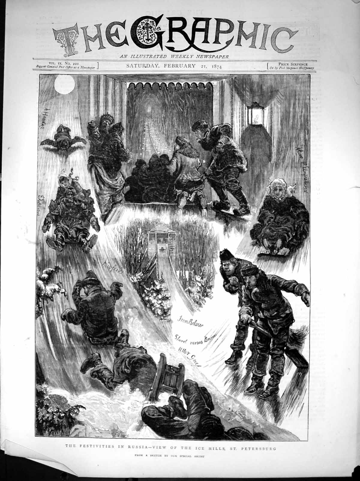 Old Festivities Russia View Ice Hills St Petersburg Shovel Broom 1874 Victorian