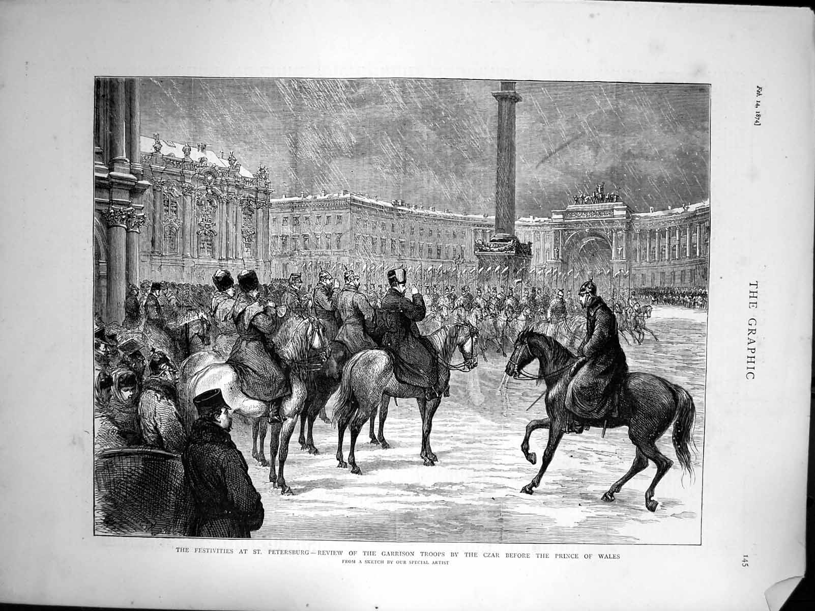 Antique Old Print St Petersburg Review Garrison Troops Czar Prince Wales 1874