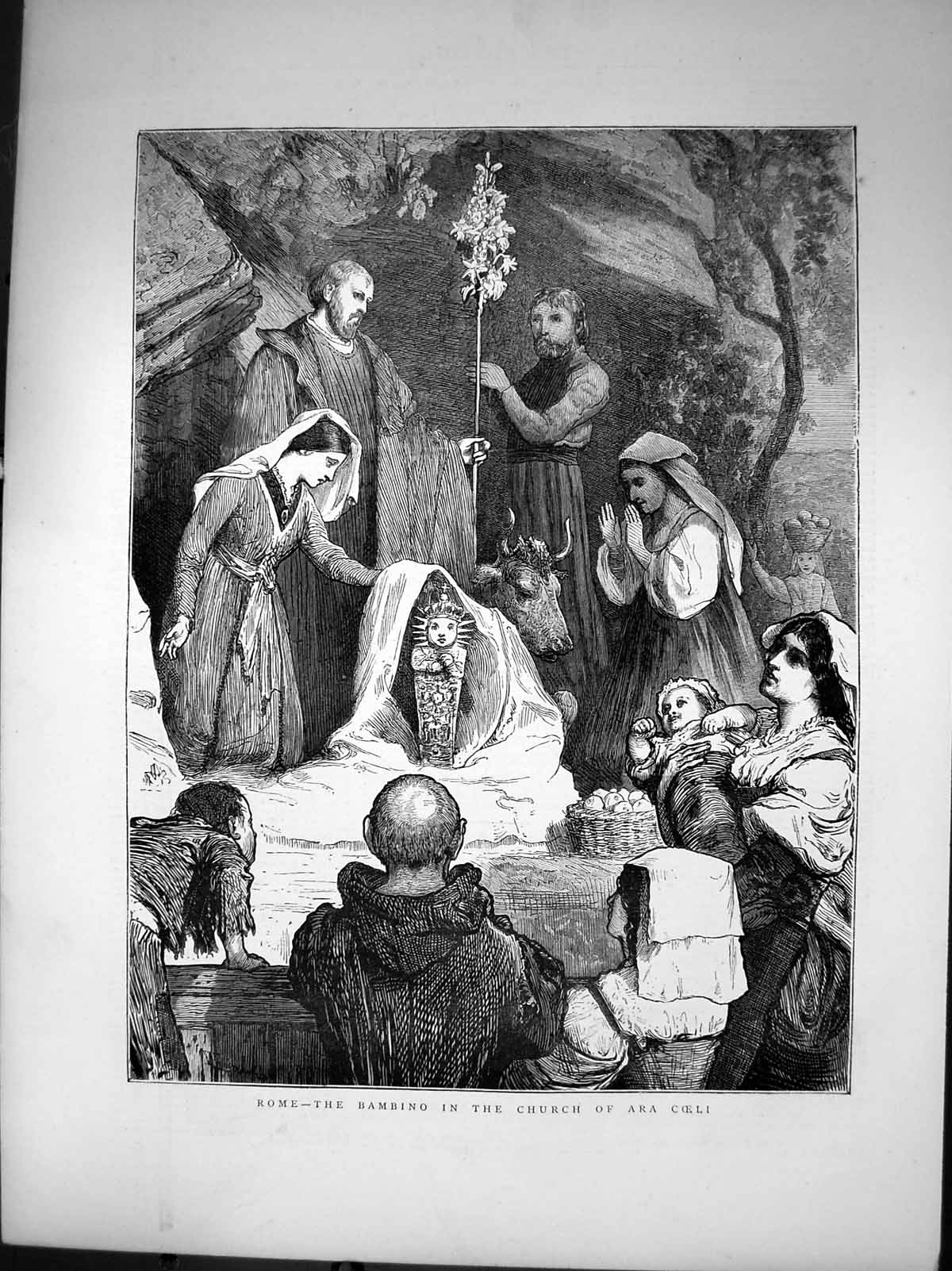 Old Antique Print Rome Bambino Church Ara Coeli Preying Baby Fruit 1872 19th