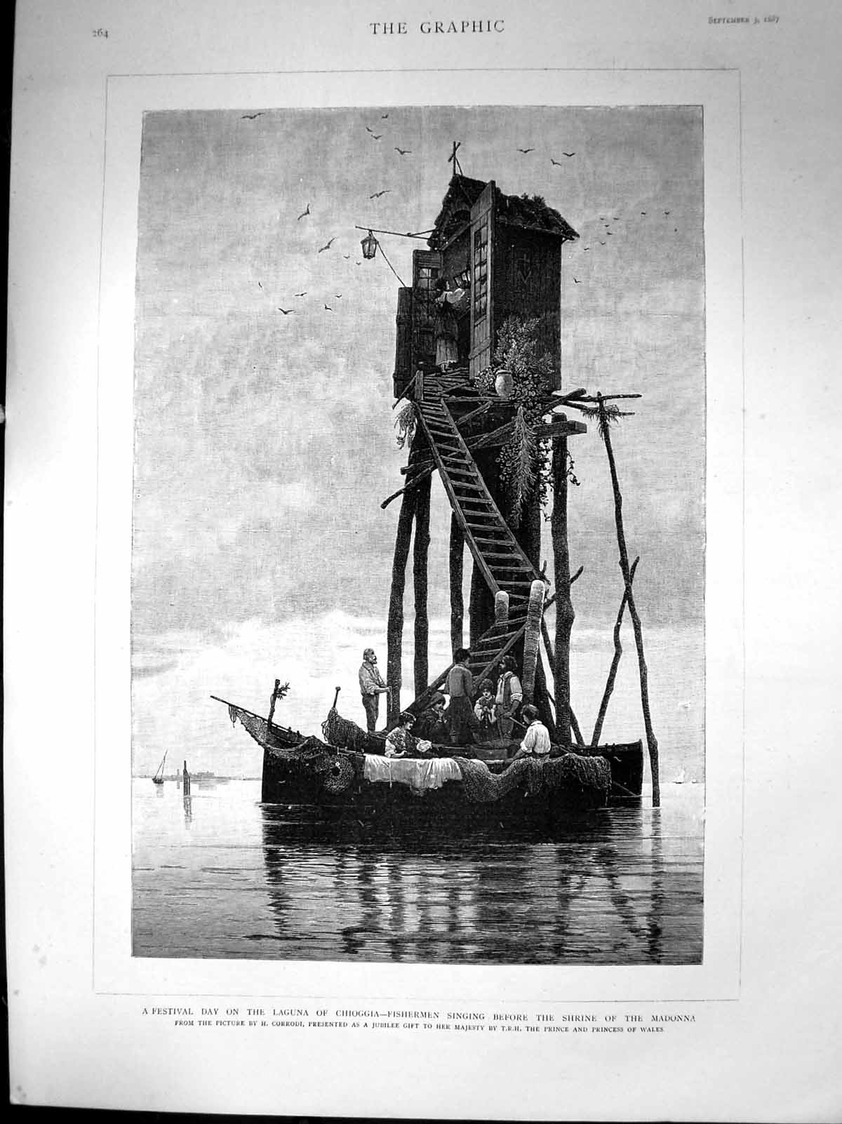 Old Print Festival Day Laguna Chioggia Fishermen Sing Shrine Madonna 1887 19th