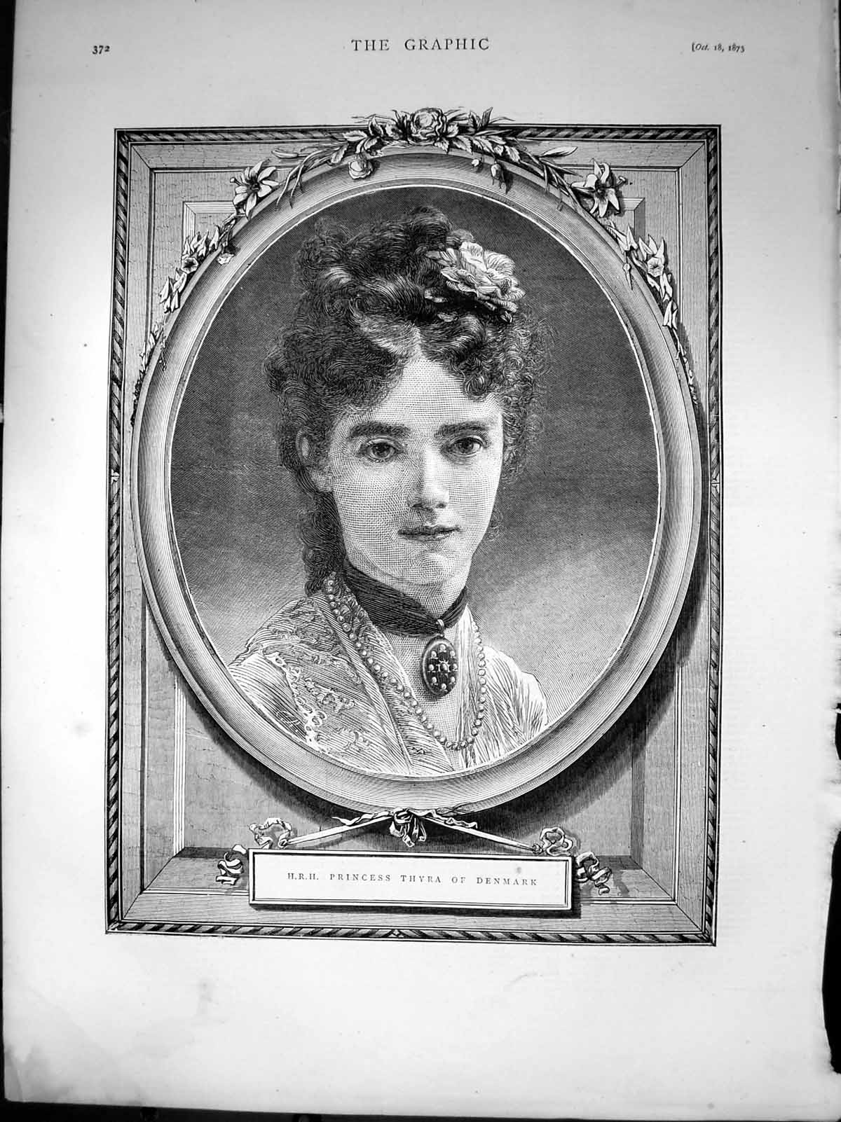 Old Print Portrait H R H Princess Thyra Denmark Long Dark Curly Hair 1873 19th