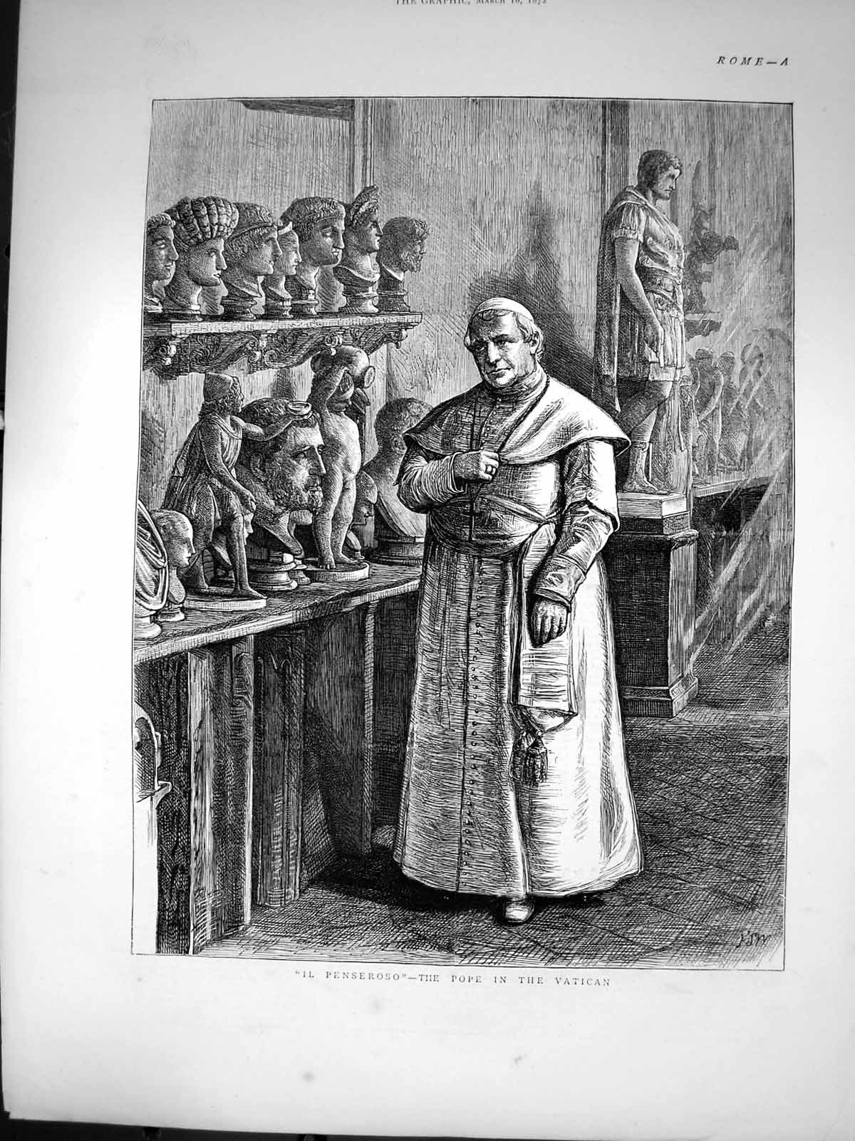 Antique Old Print Il Penseroso Pope Vatican Looking Statues Heads Rome 1872