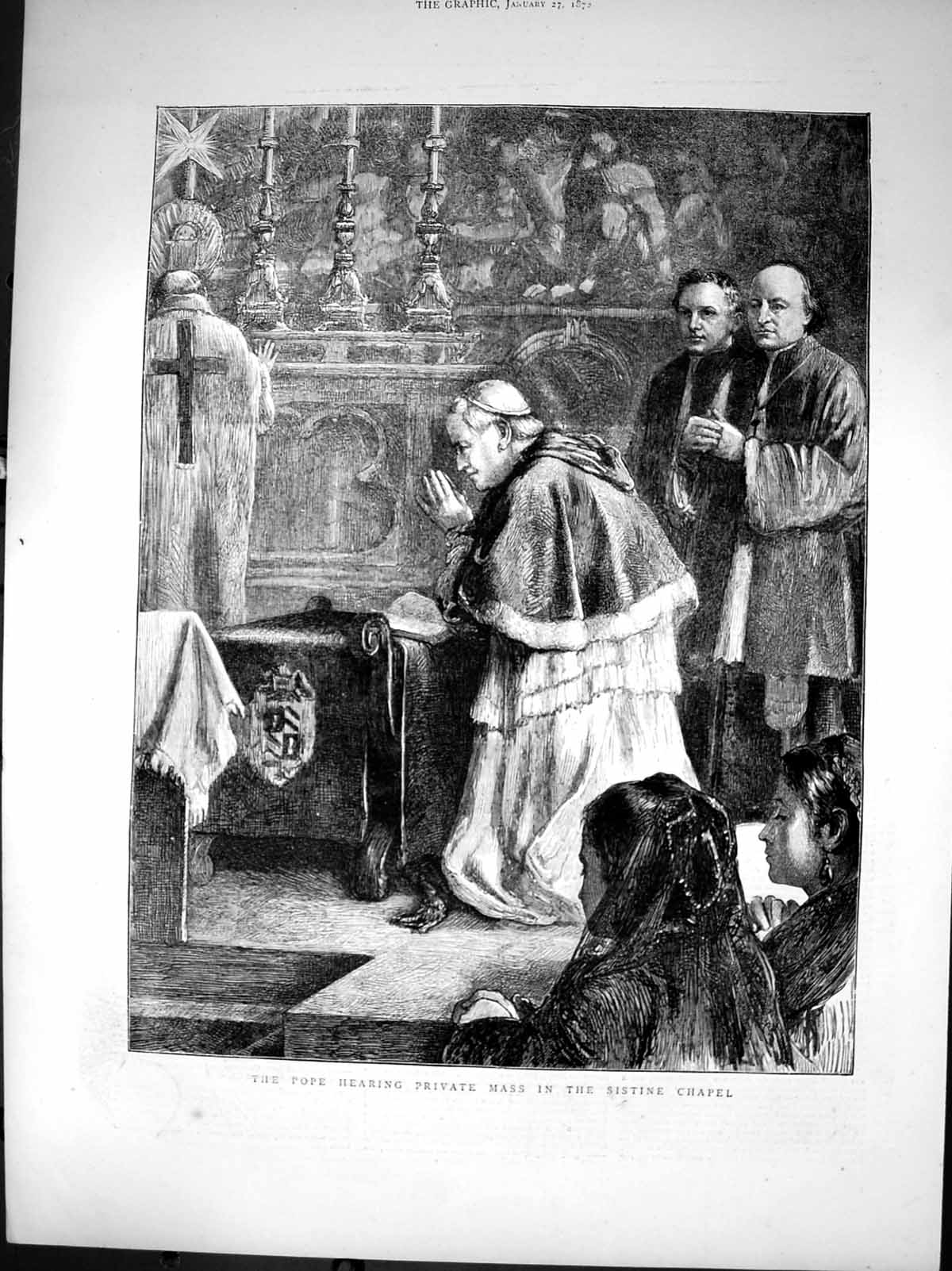Original Old Antique Print Pope Hearing Private Mass Sistine Chapel 1872 19th