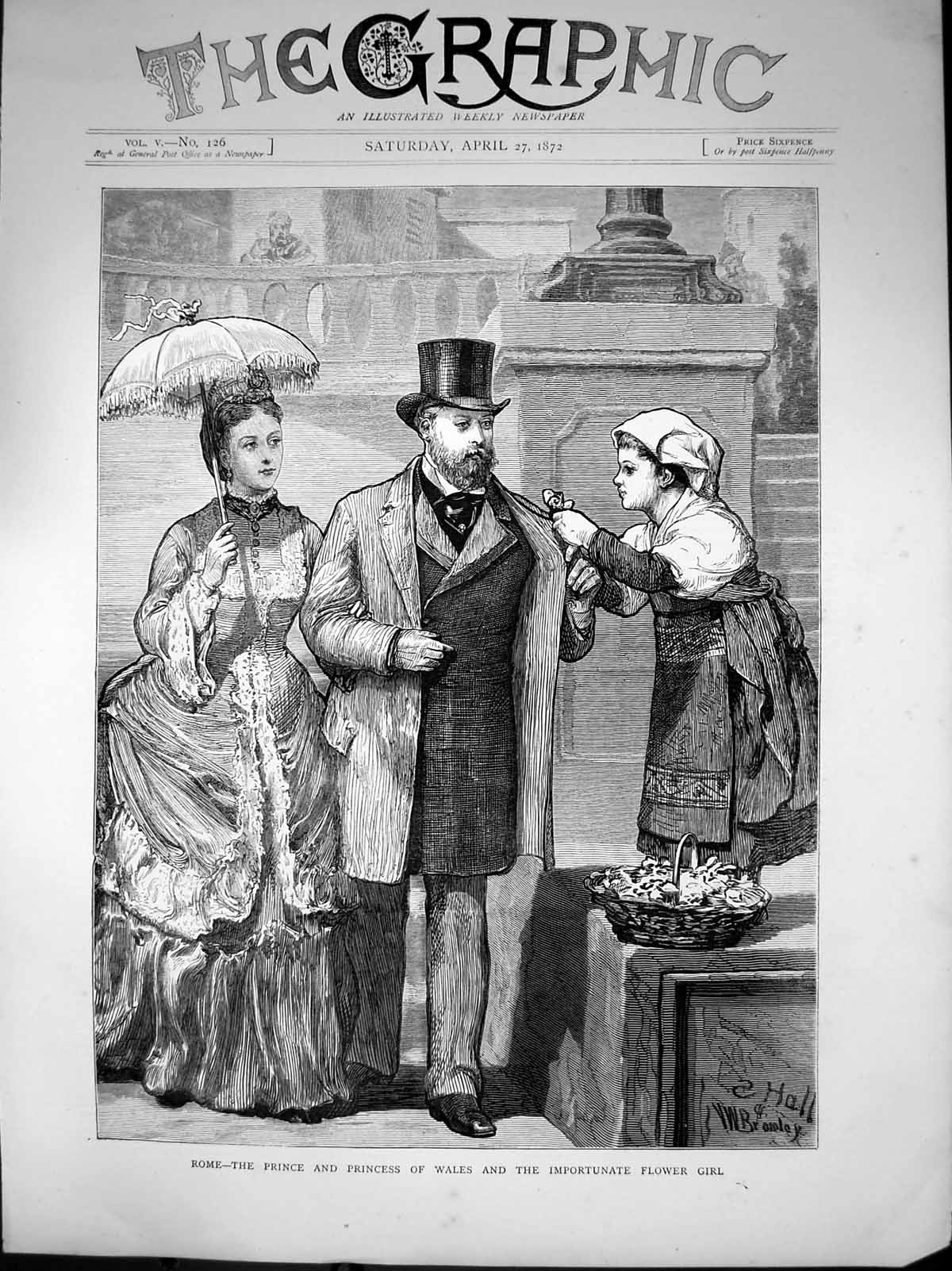 Old Antique Print Rome Prince Princess Wales Importunate Flower Girl 1872 19th