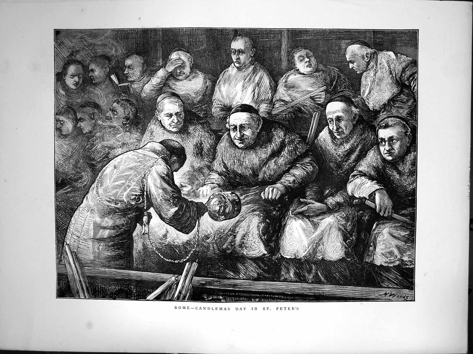 Original Old Antique Print Rome Candlemas Day St Peters H Woods 1872 Victorian
