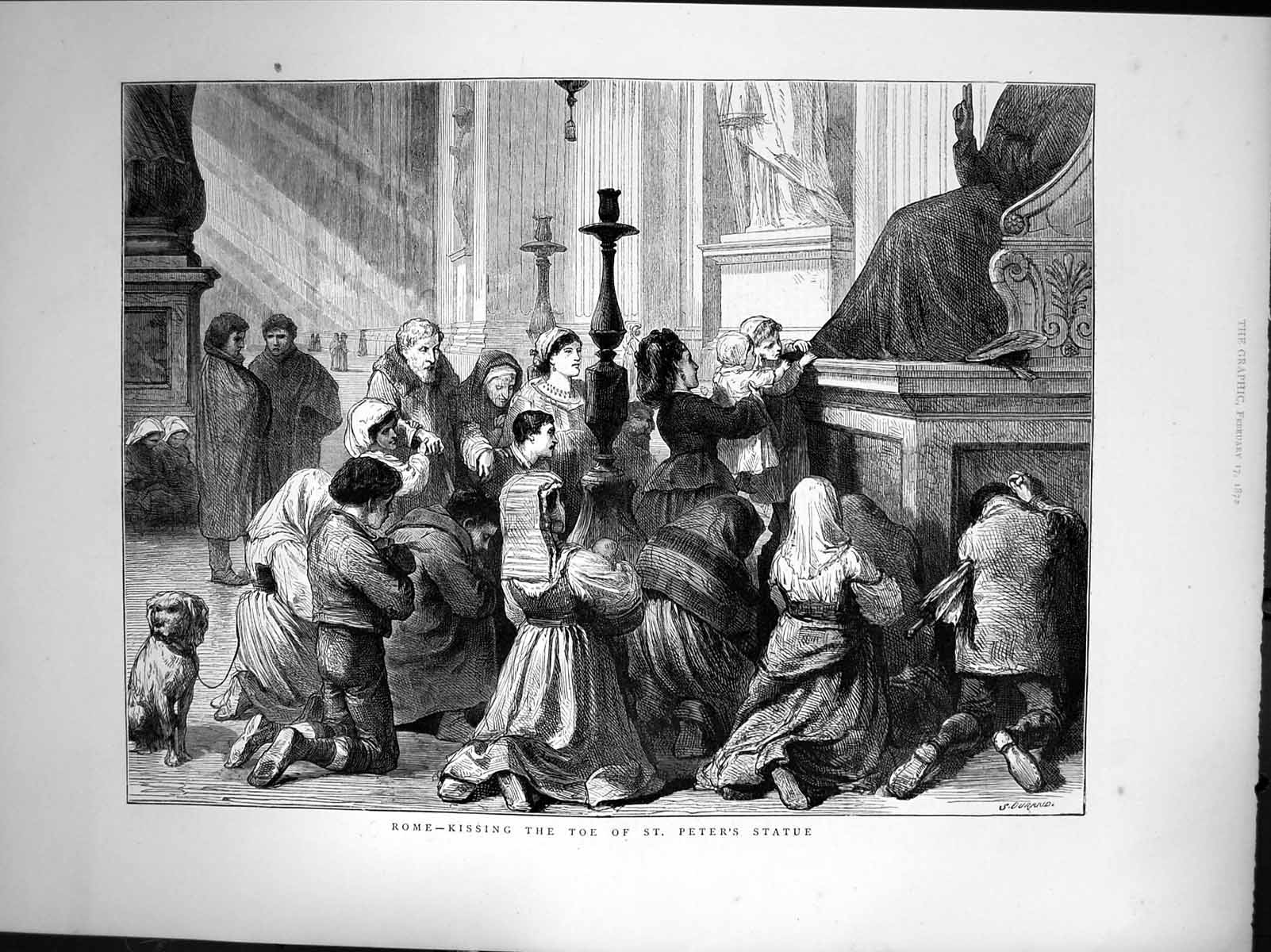 Old Antique Print Rome Kissing Toe St Peters Statue Kneeling Prayer 1872 19th