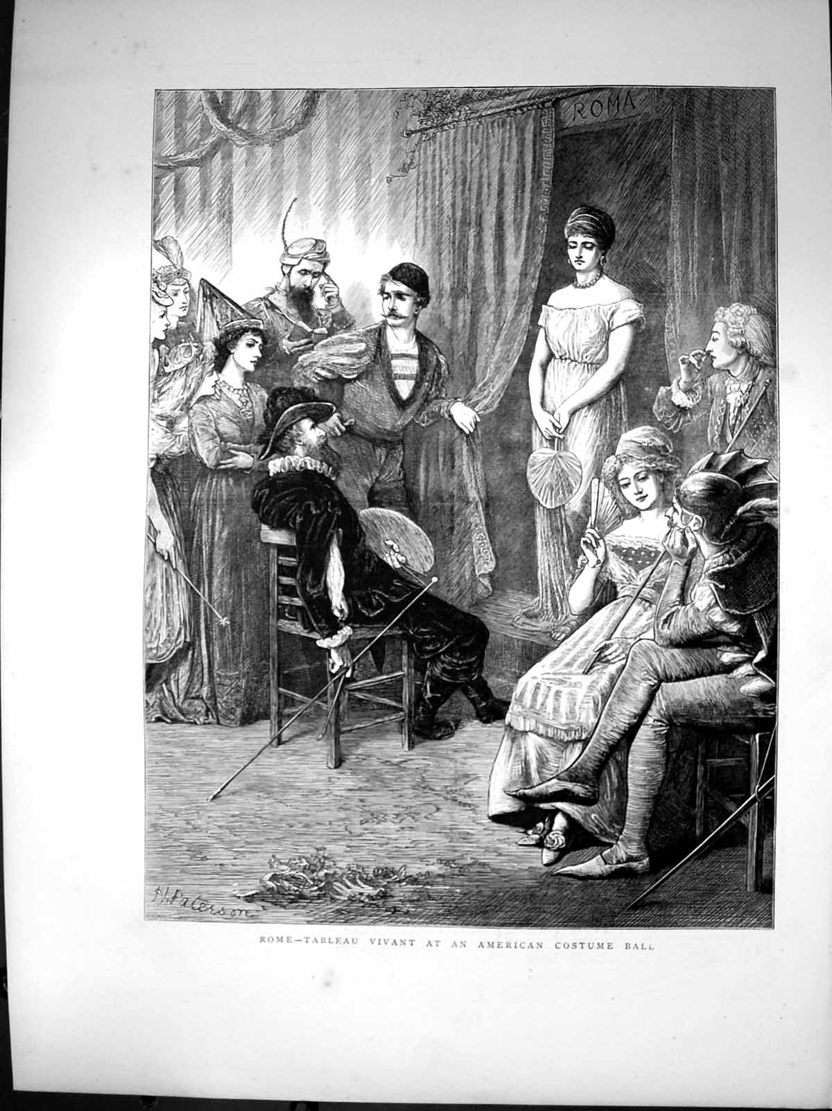 Antique Old Print Rome Tableau Vivant American Costume Ball H Paterson 1872