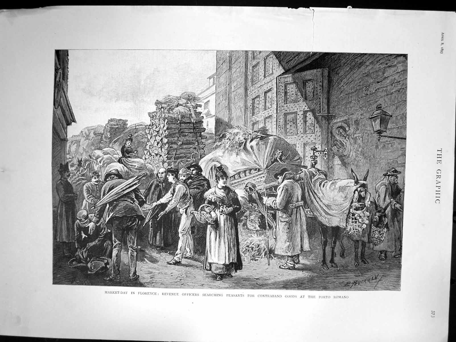 Antique Print Market Day Florence Revenue Ficers Searching Contraband 1893 19th
