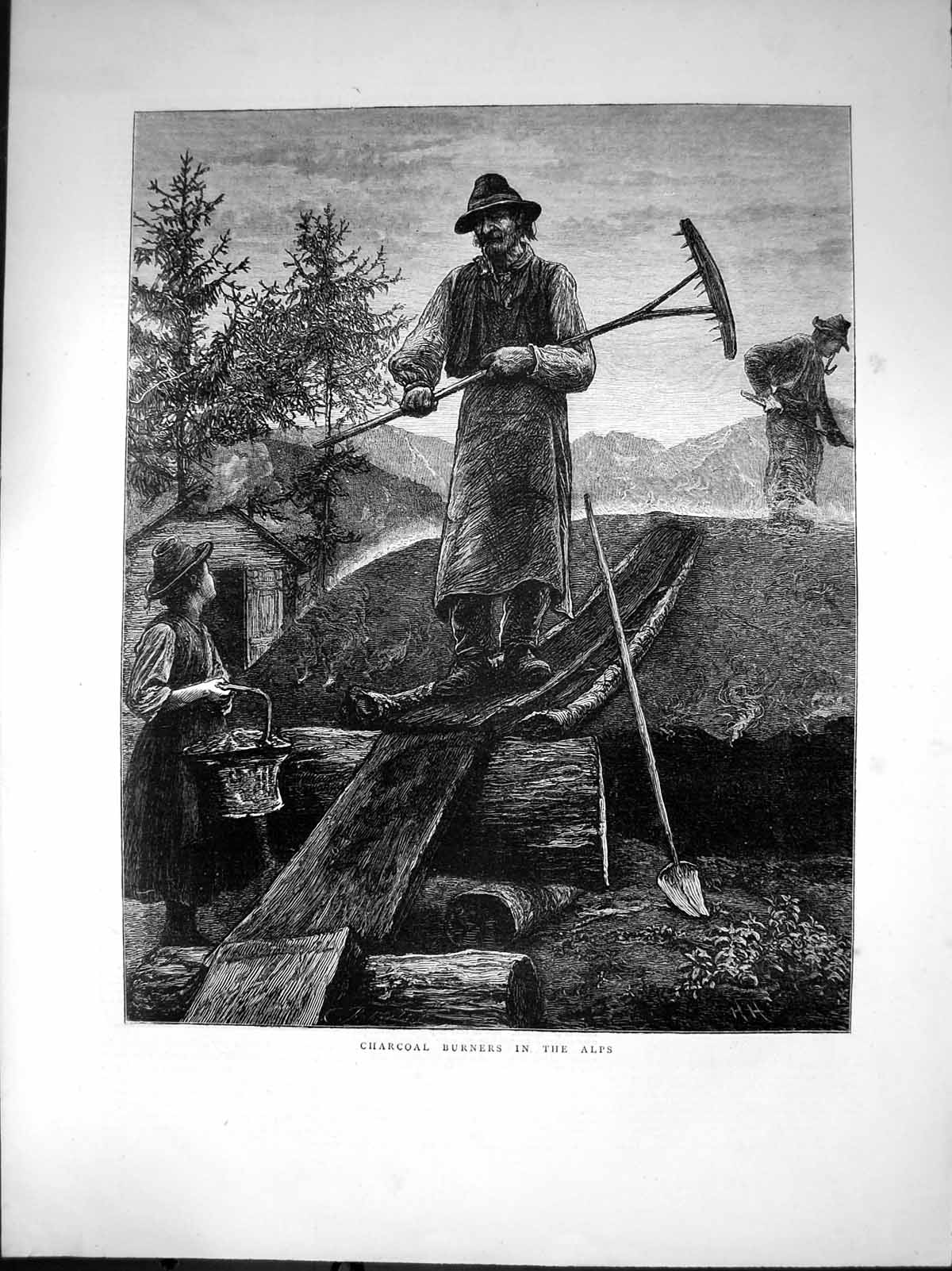 Old Antique Print Charcoal Burners Alps Logs Men Rakes Hut Mountains 1872 19th