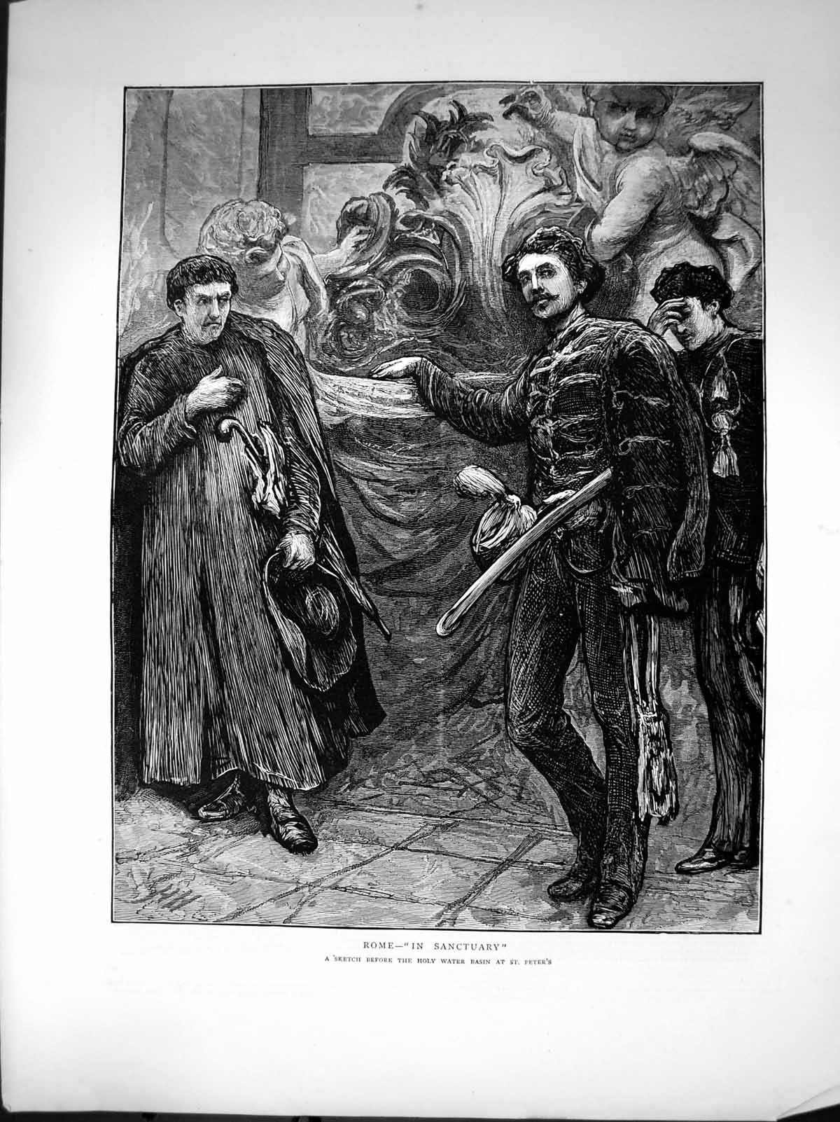 Antique Old Print Rome In Sanctuary Before Holy Water Basin St Peters 1872 19th