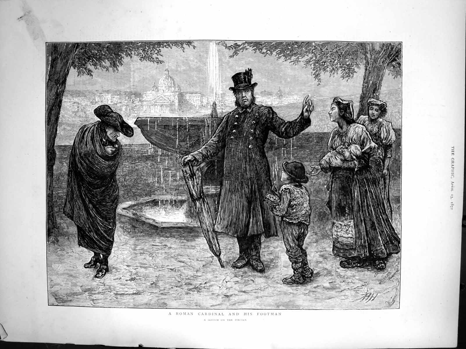 Old Antique Print Roman Cardinal His Footman Sketch Pincian Fountain 1872 19th