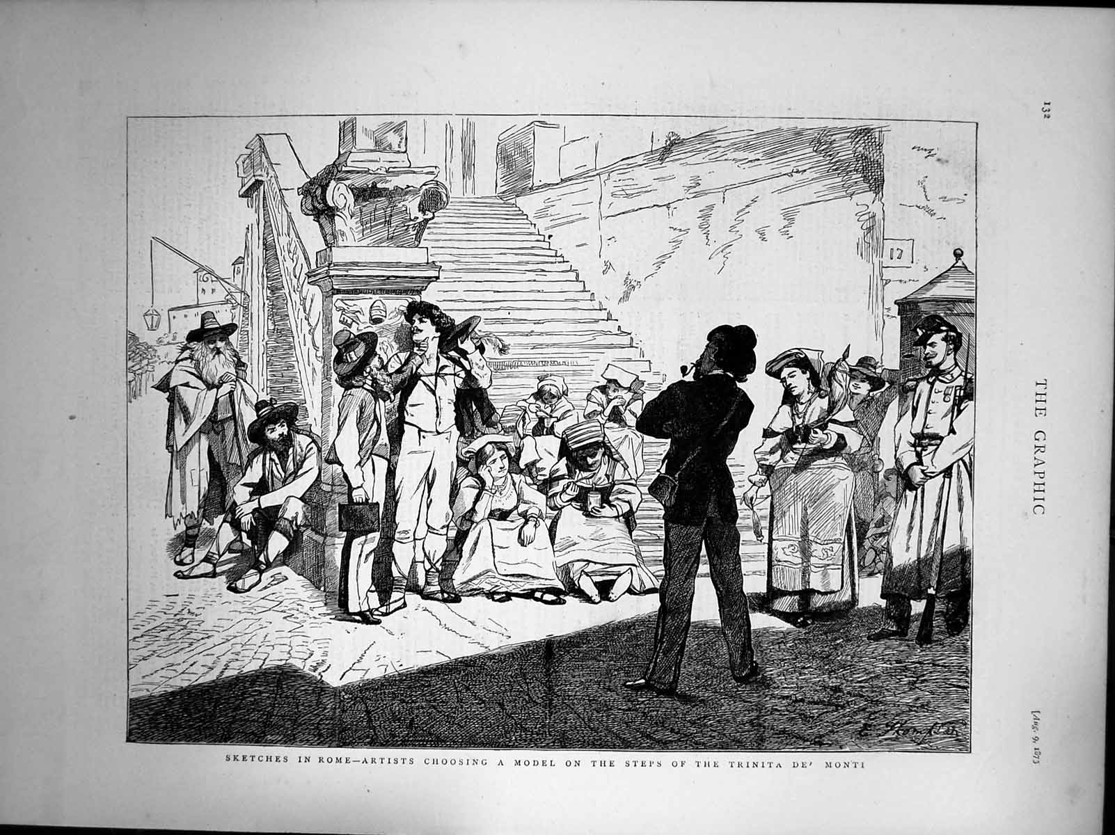 Old Antique Print Rome Artists Choosing Model Steps Trinita De Monti 1873 19th