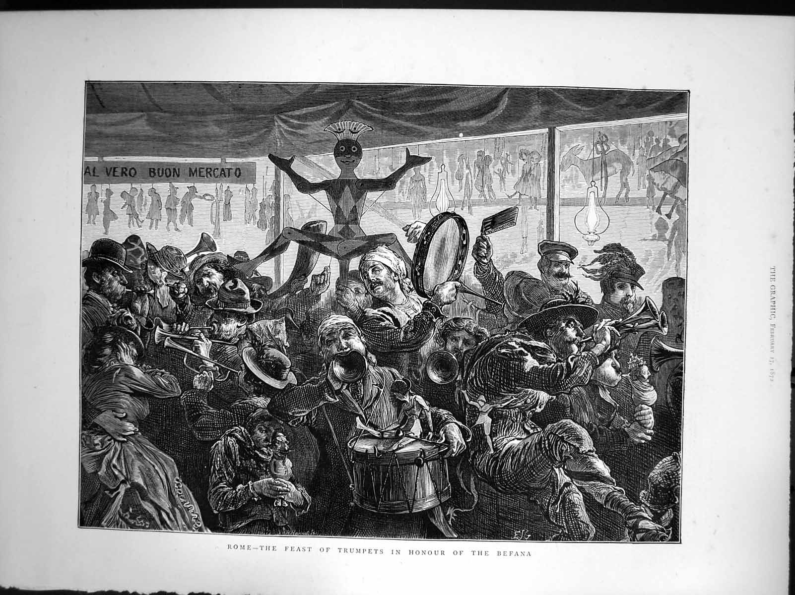 Original Old Antique Print Rome Feast Trumpets Honour Befana 1872 Victorian
