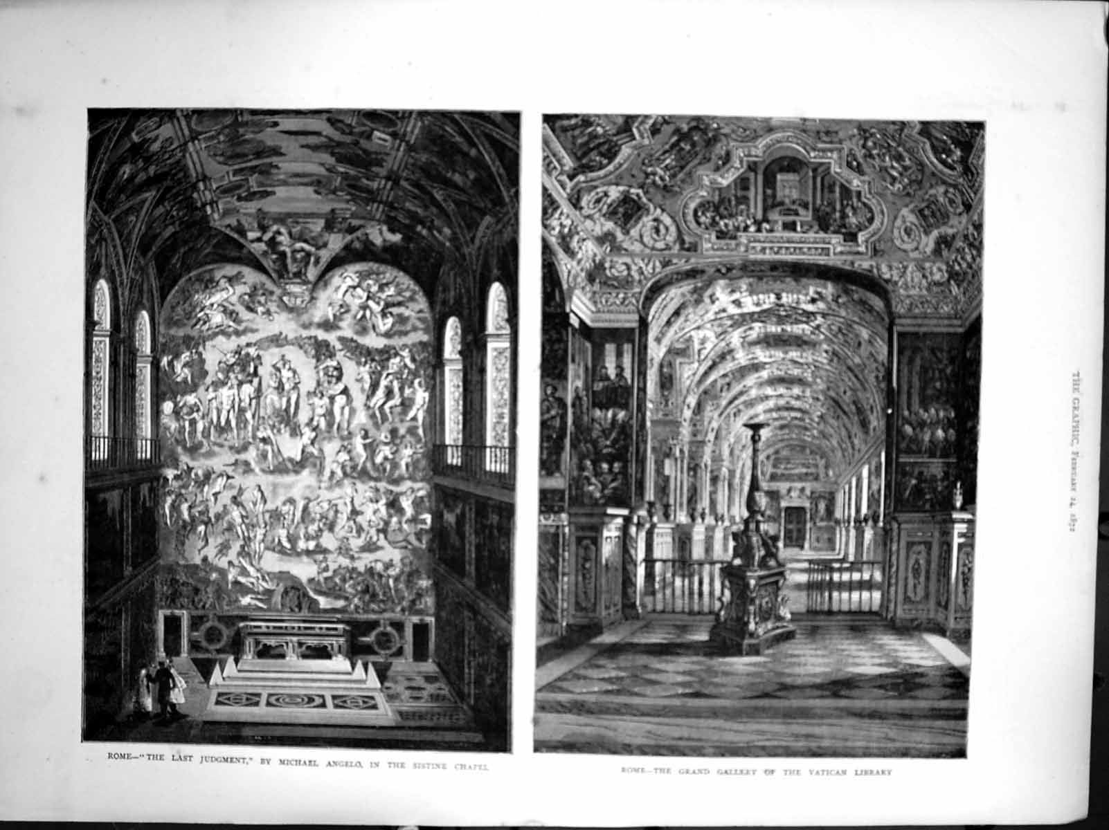 Old Print Rome Grand Gallery Vatican Library Last Judgment M Angelo 1872 19th