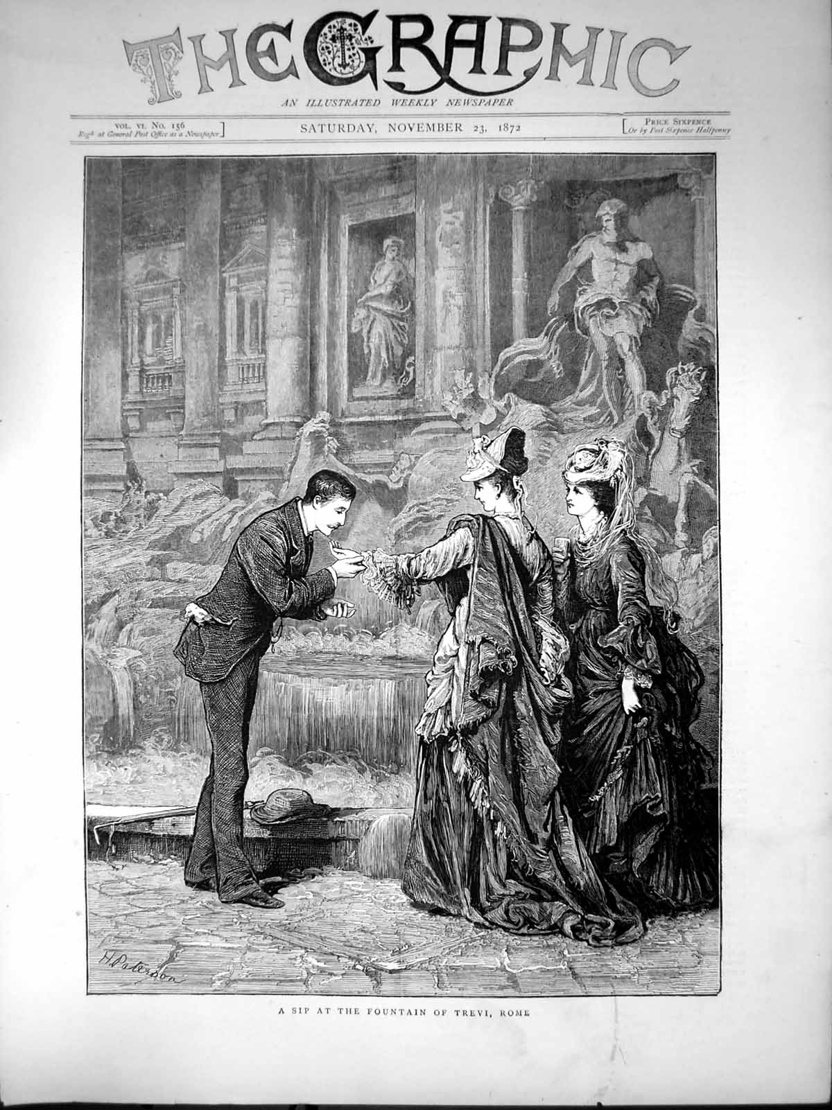 Antique Old Print Sip Fountain Trevi Rome Man Hs Ladys Hand H Paterson 1872