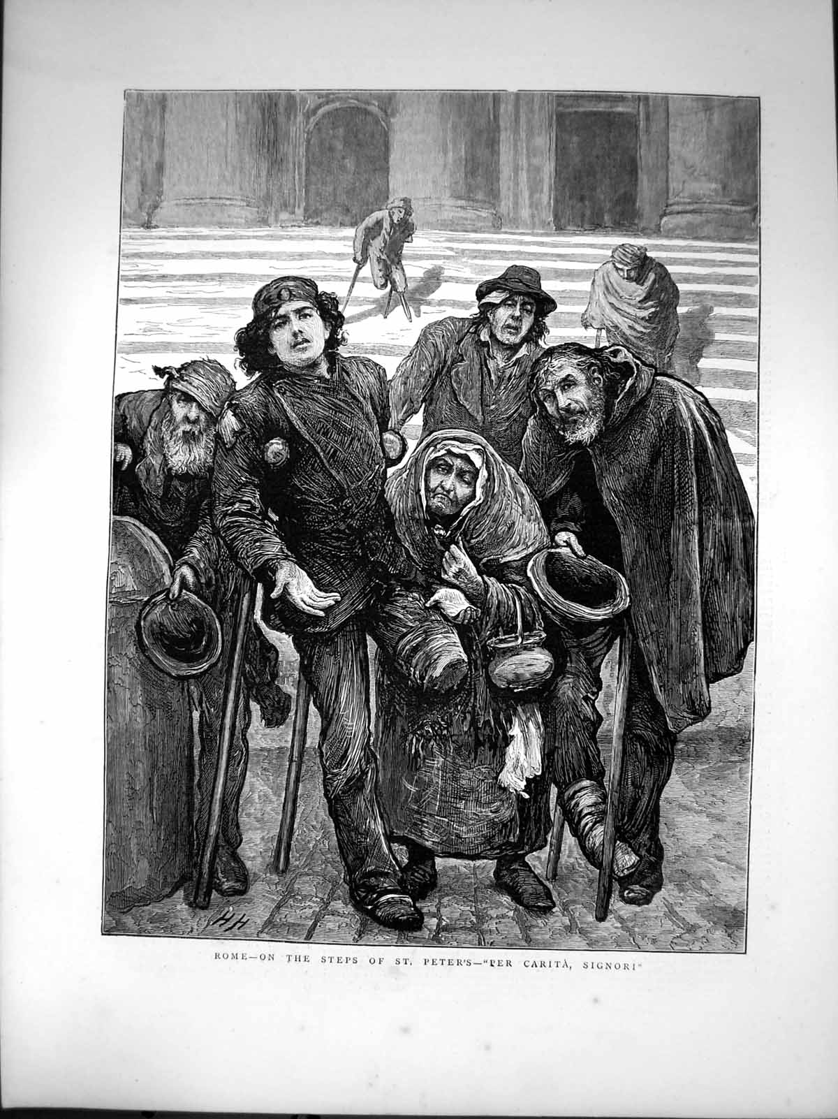 Antique Print Rome Steps St Peters Per Carita Signori Begging Injured 1872 19th