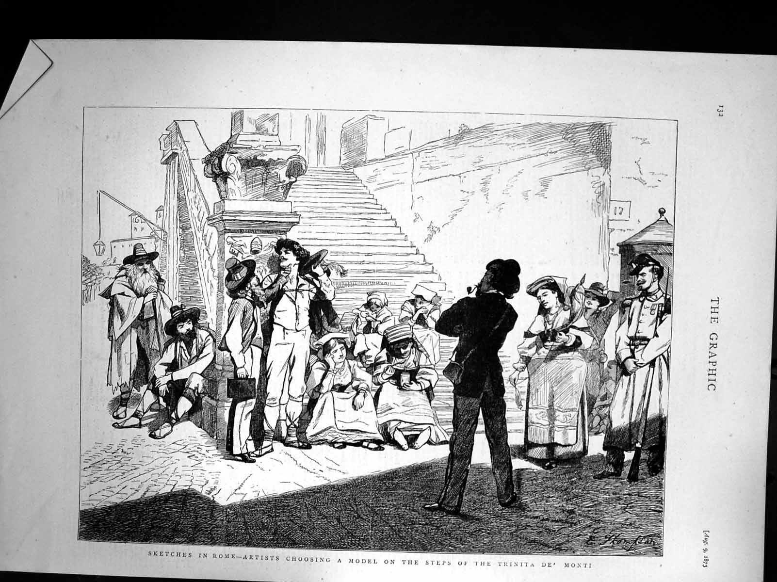 Old Sketches Rome Artists Choosing Model Steps Trinita De Monti 1873 Victorian