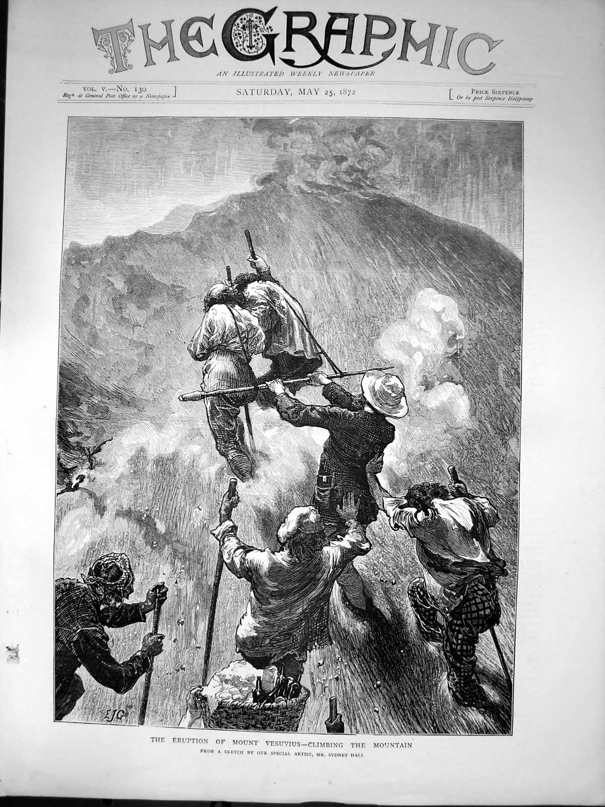 Antique Old Print Eruption Mount Vesuvius Climbing Mountain Sydney Hall 1872