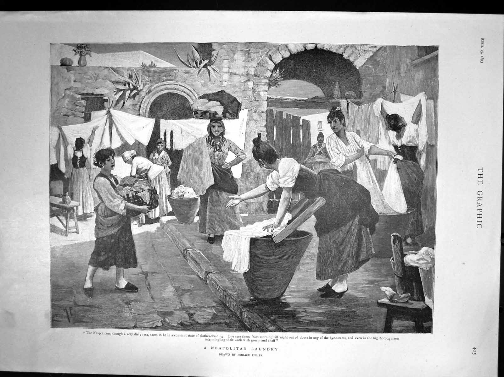Old Print Neapolitan Laundry Constant State Clothes Washing Streets 1893 19th
