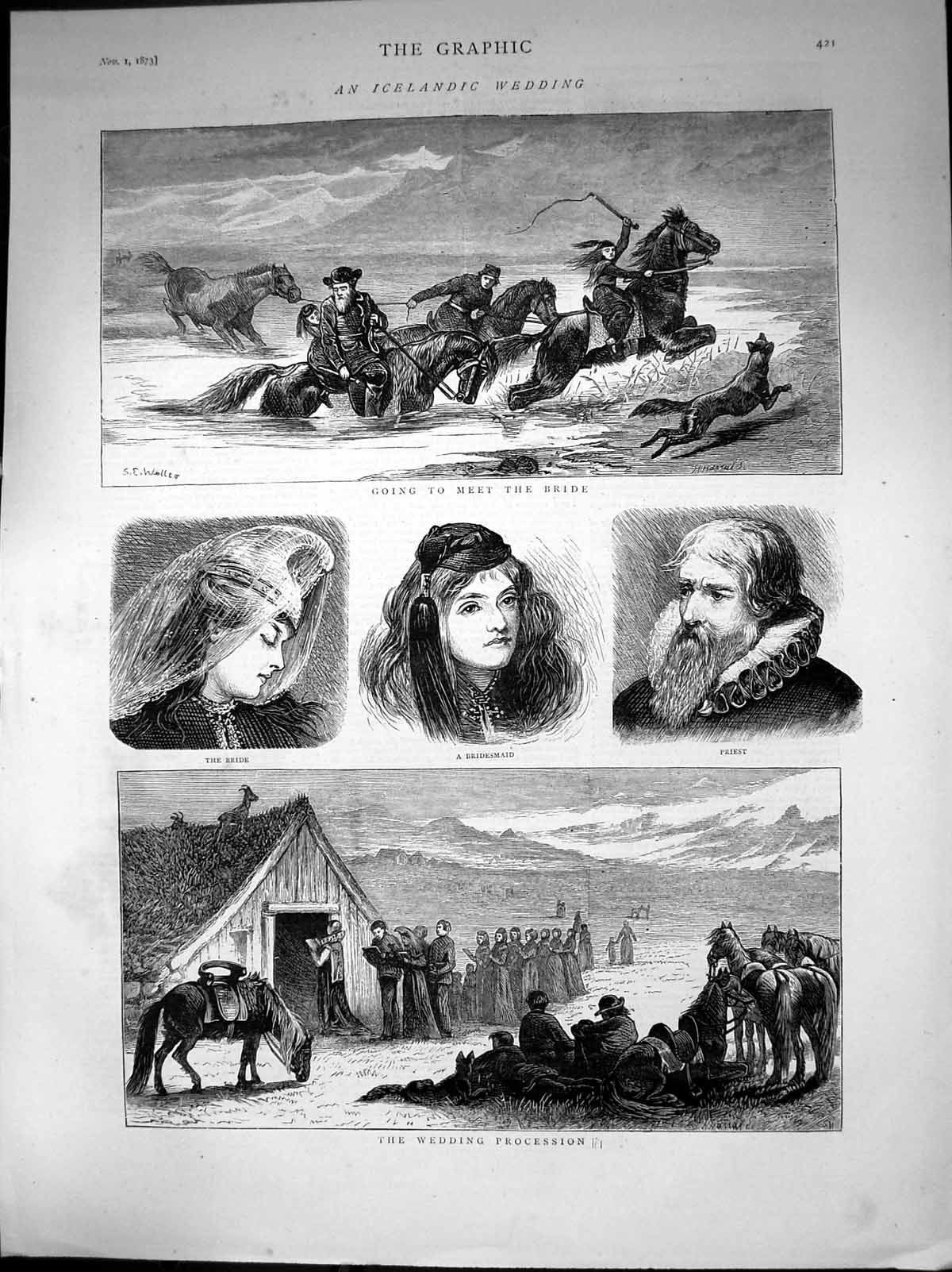 Old Print Icelandic Wedding Meet Bride Bridesmaid Priest Procession 1873 19th