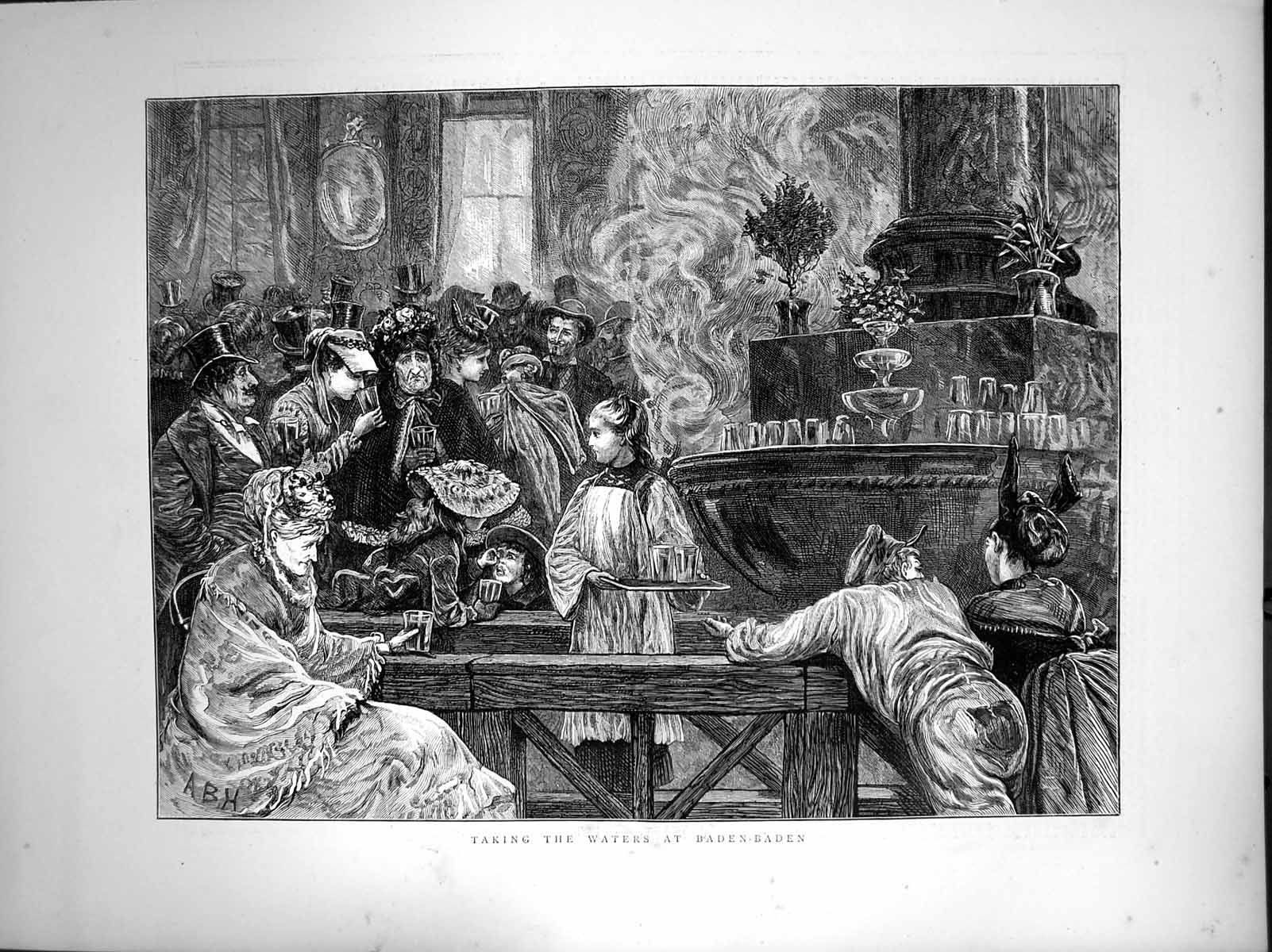Original Old Antique Print Taking Waters Baden Baden Glasses Tray 1872 19th