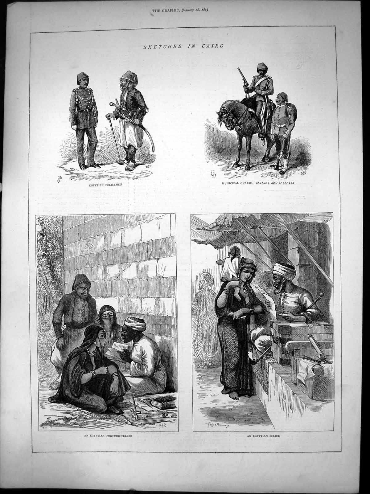 Old Print Sketches In Cairo Egypt Policeman Municipal Guards Scribe 1873 19th