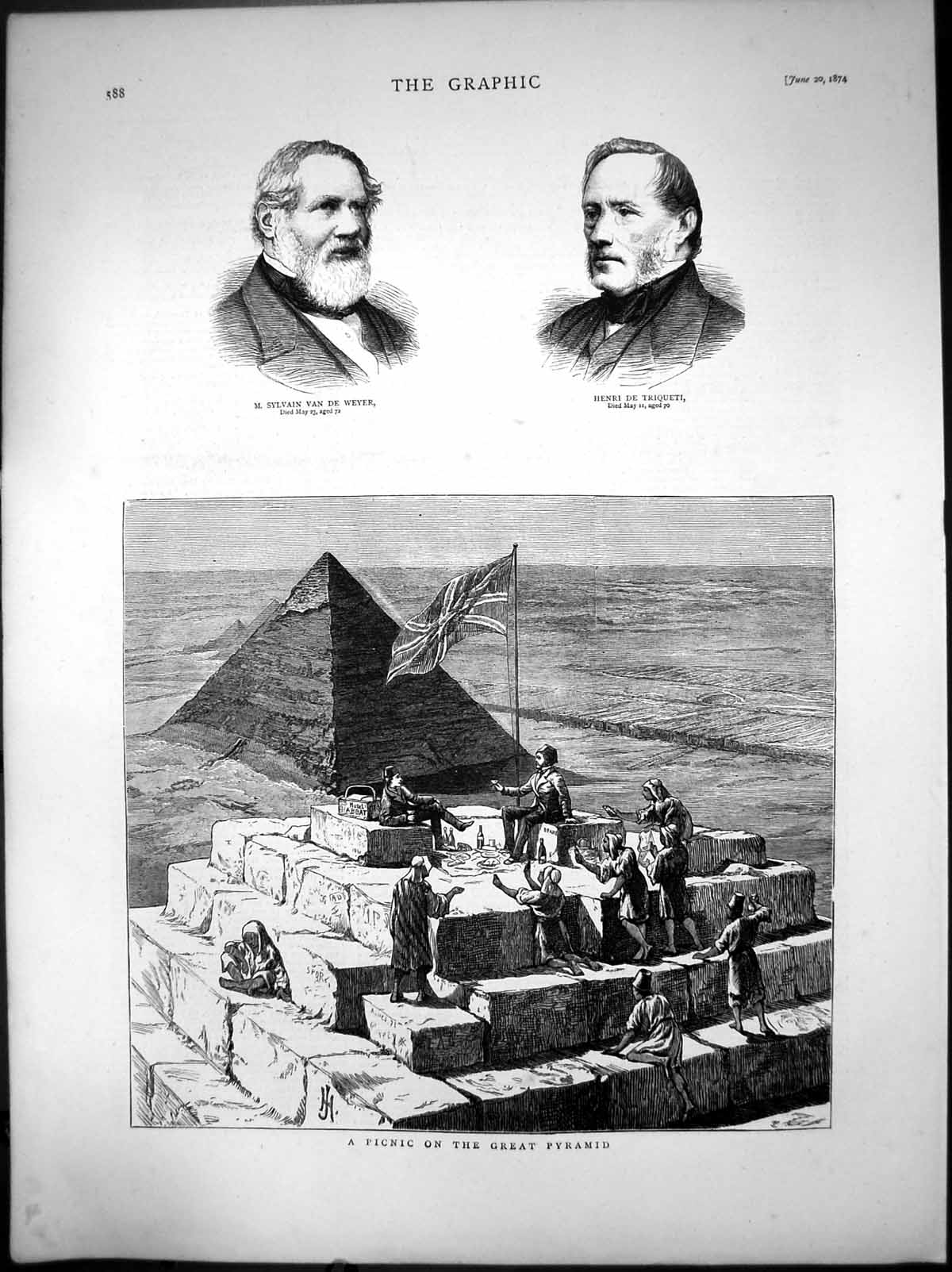 Old Print Picnic On The Great Pyramid Triqueti Sylvain Van De Weyer 1874 19th