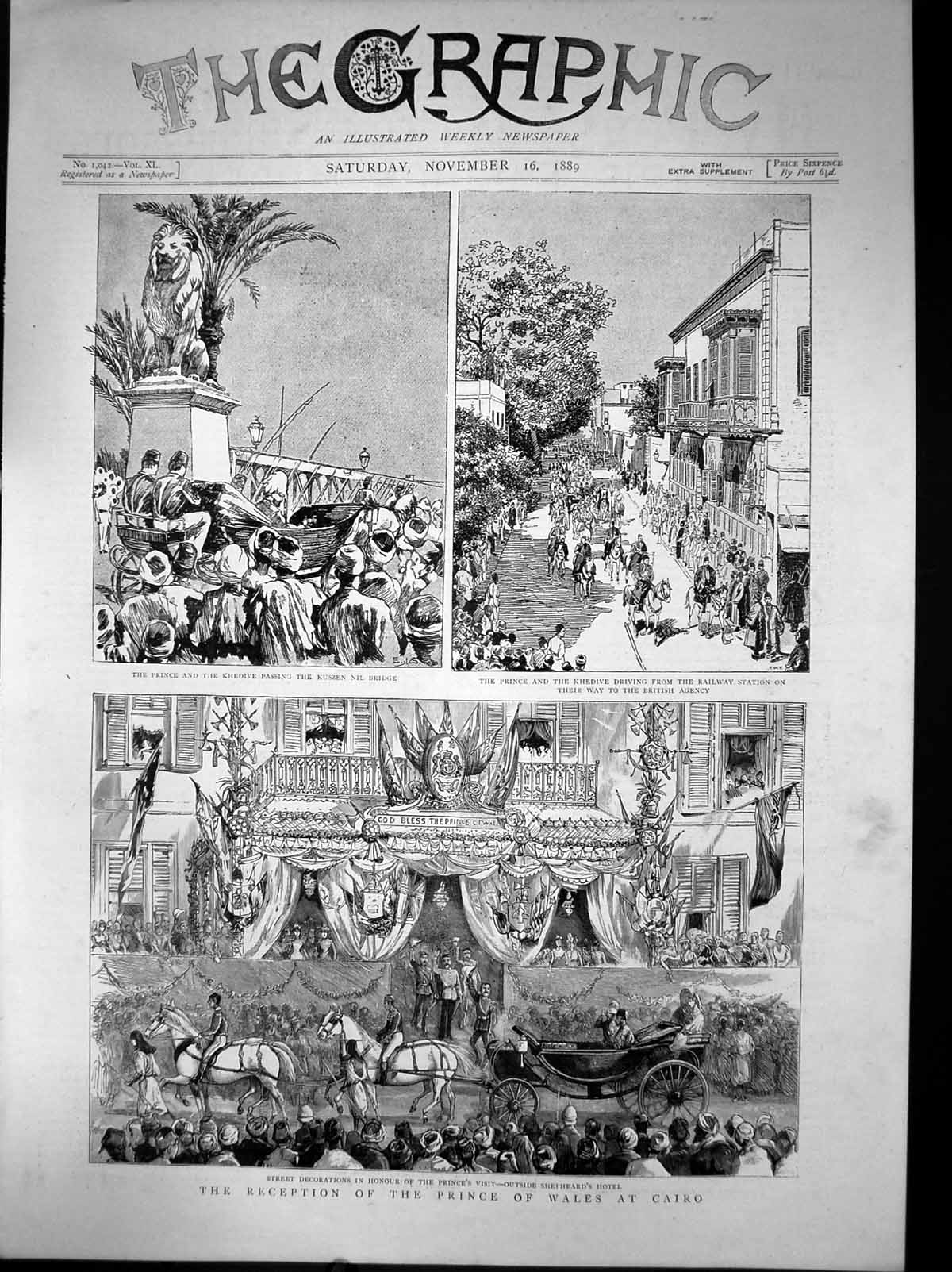 Antique Old Print Reception Prince Wales Cairo Khedive Shepheards Hotel 1889
