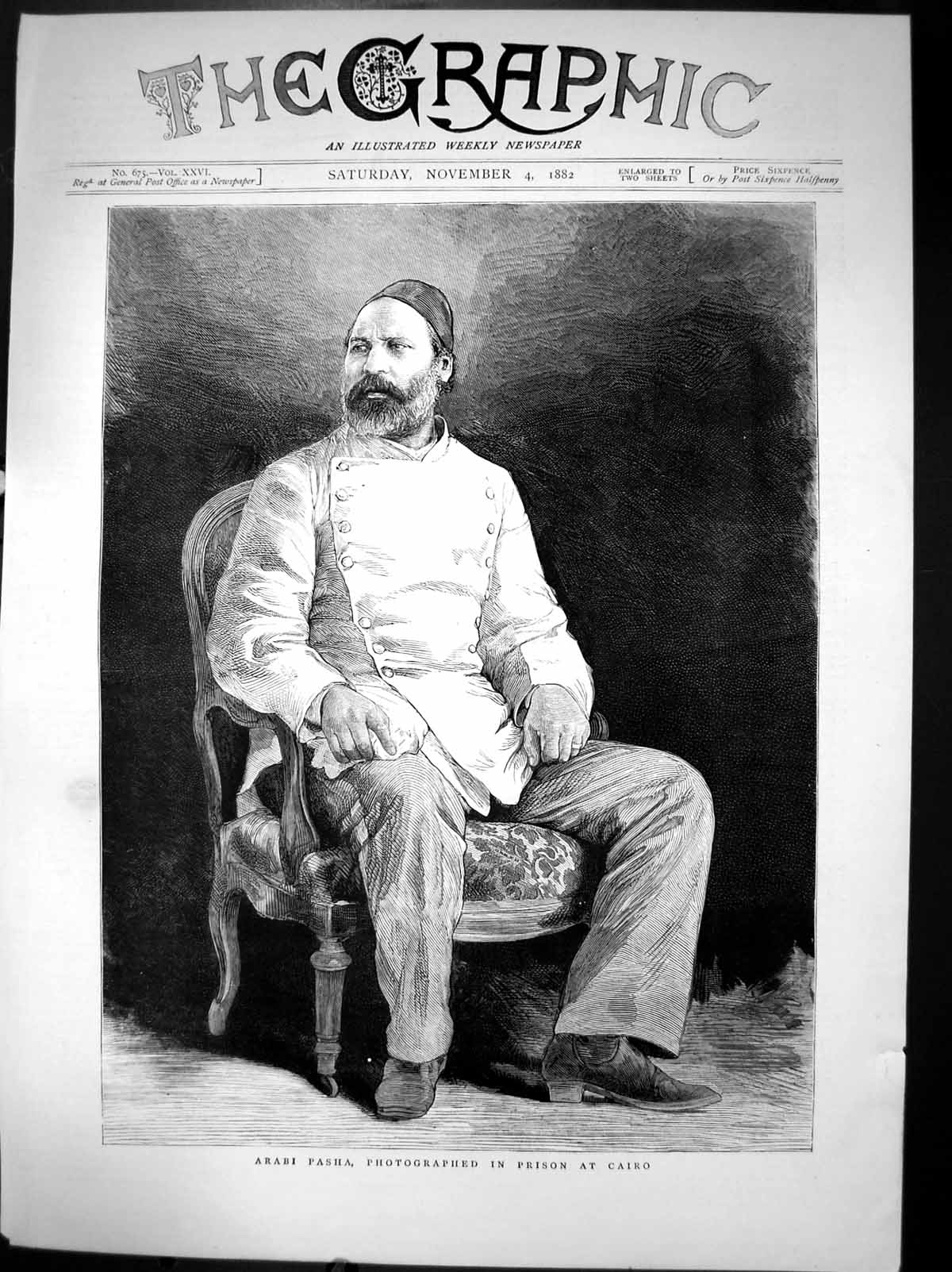 Antique Old Print Arabi Pasha Photographed In Prison At Cairo Portrait 1882