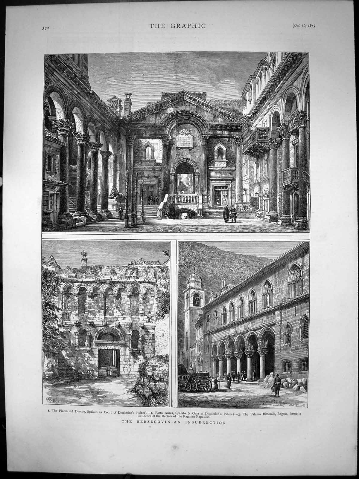 Old Print Herzegovina Insurrection Spalato Ragusa Diocletian Palace 1875 19th