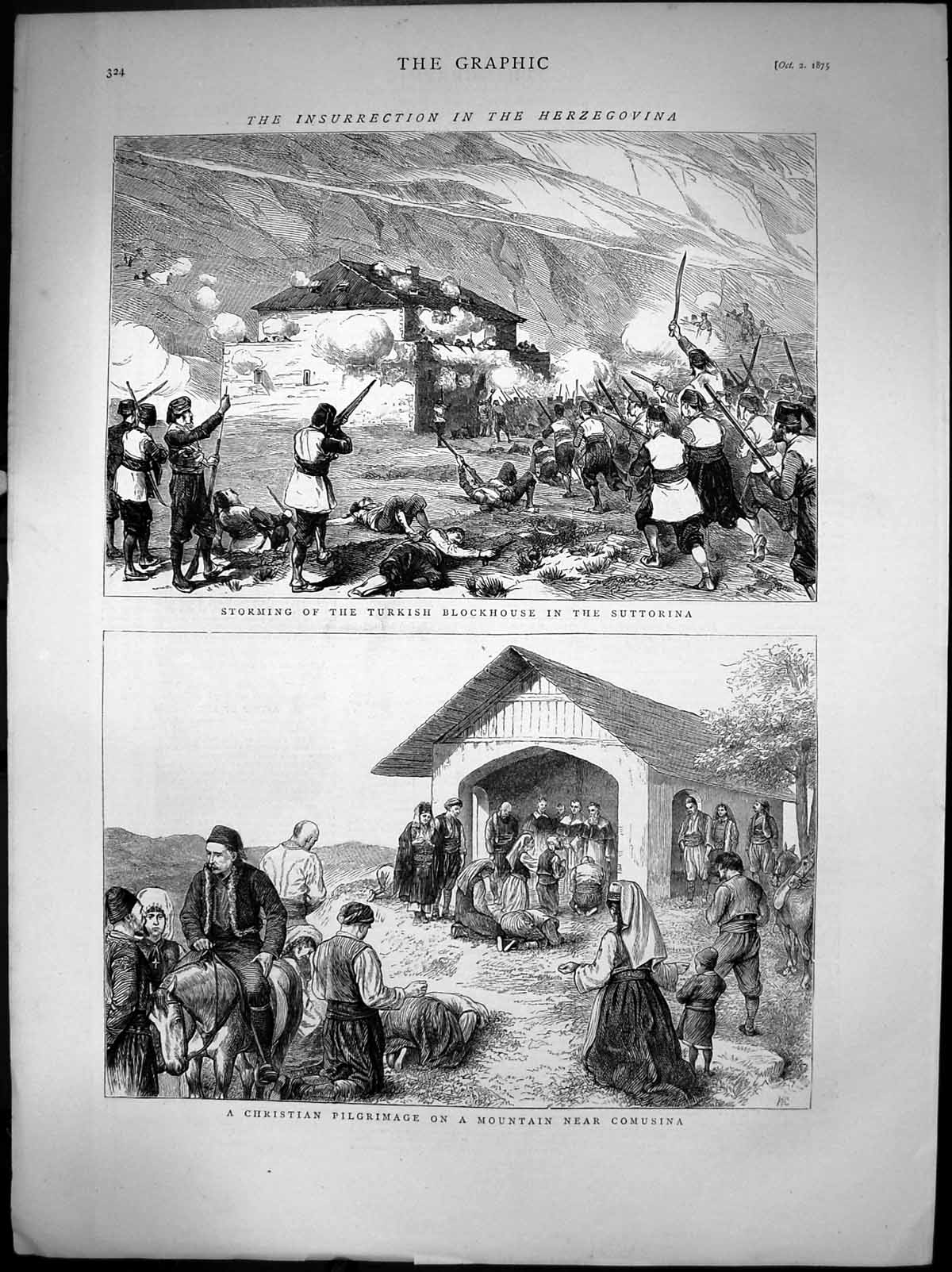 Old Print Storming Turkish Blockhouse Suttorina Christians Comusina 1875 19th