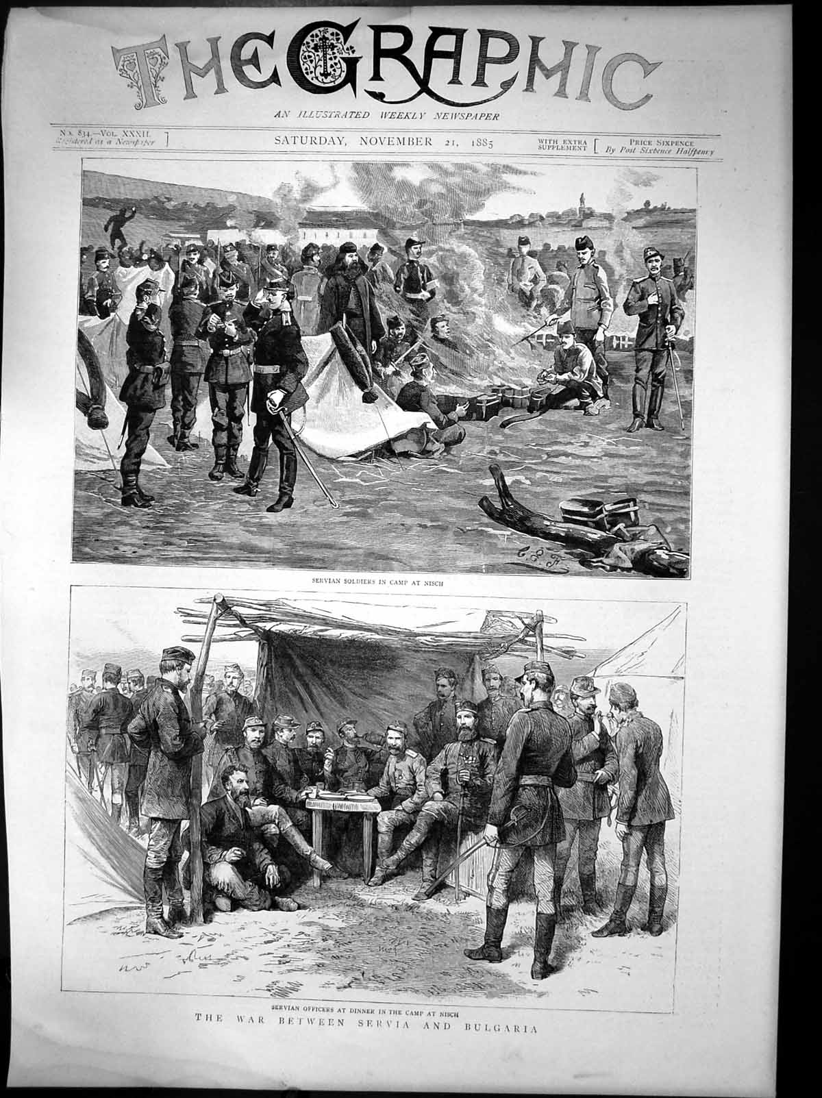 Antique Print War Between Servia Bulgaria Servian Siers At Camp Nisch 1885 19th