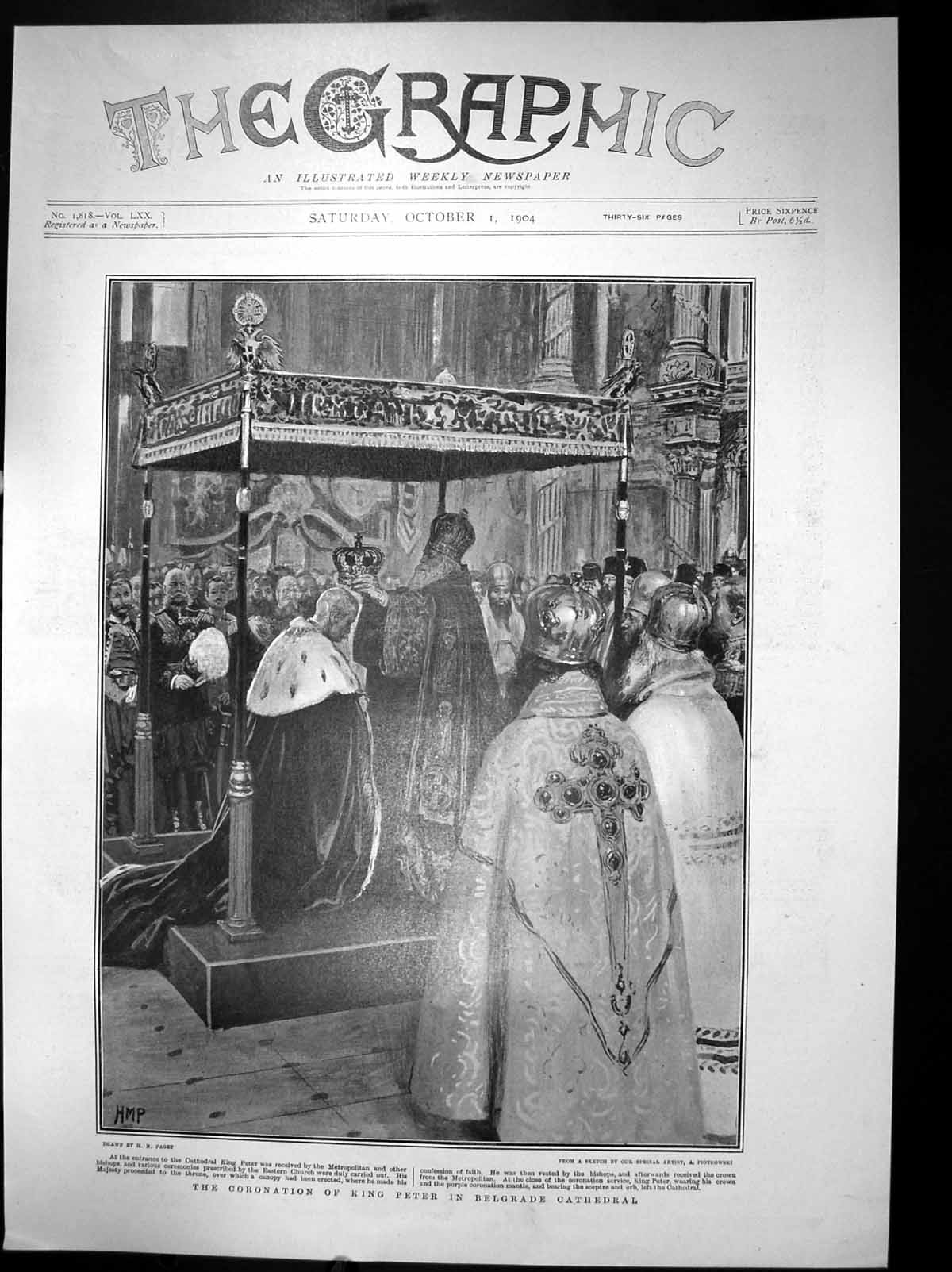 Original Old Antique Print The Coronation King Peter In Belgrade Cathedral 1904