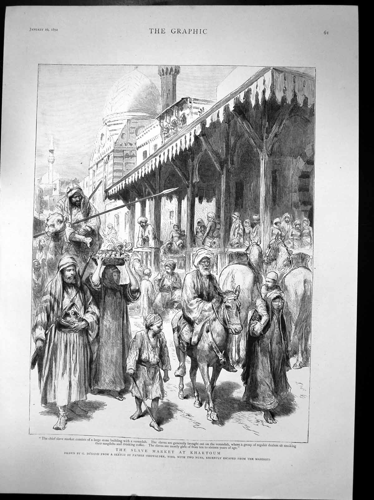 Old Print Slave Market At Khartoum Durand Mahdists Verandah Girls 1892 19th