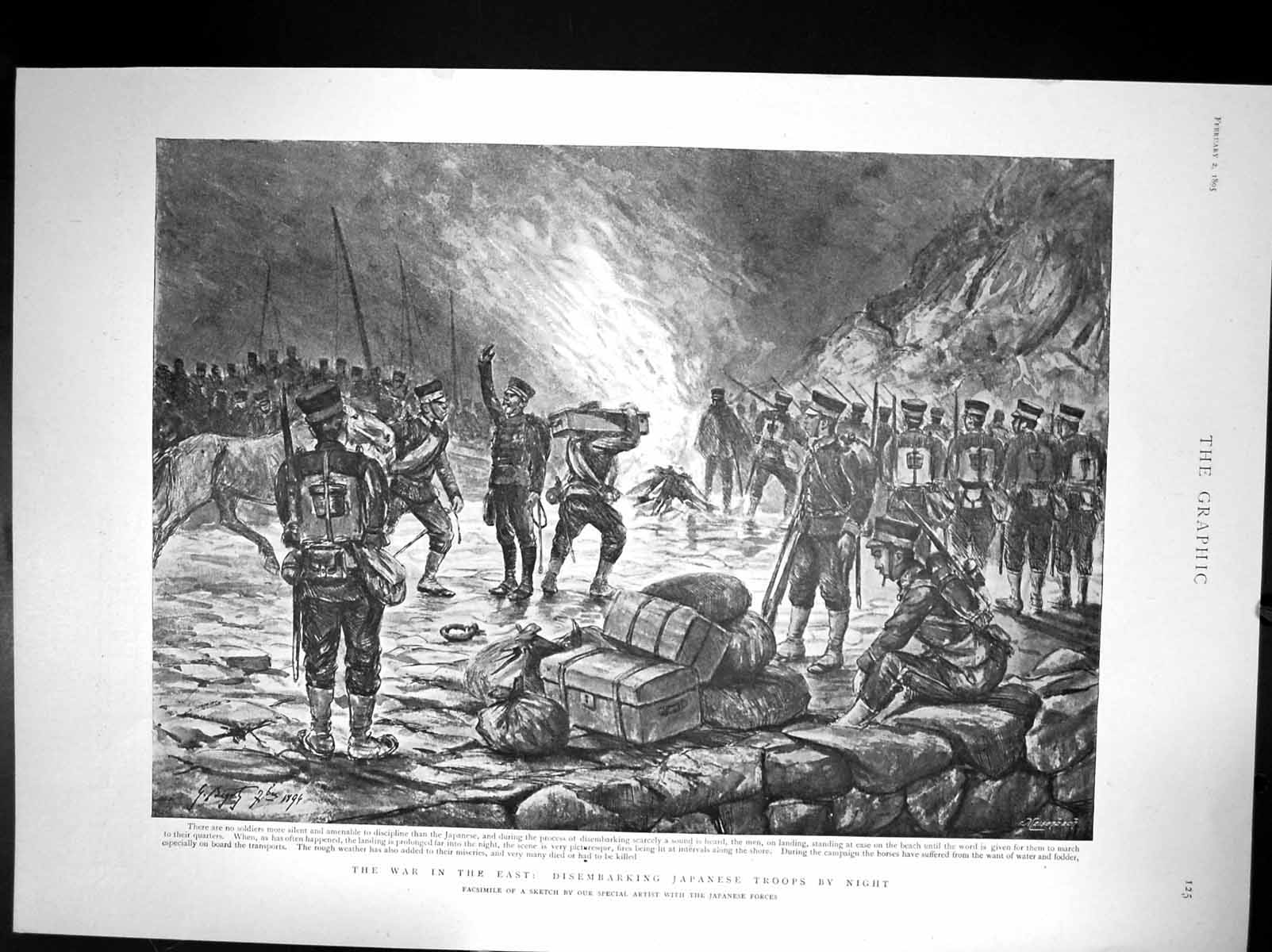 Antique Old Print War In The East Disembarking Japanese Troops By Night 1895