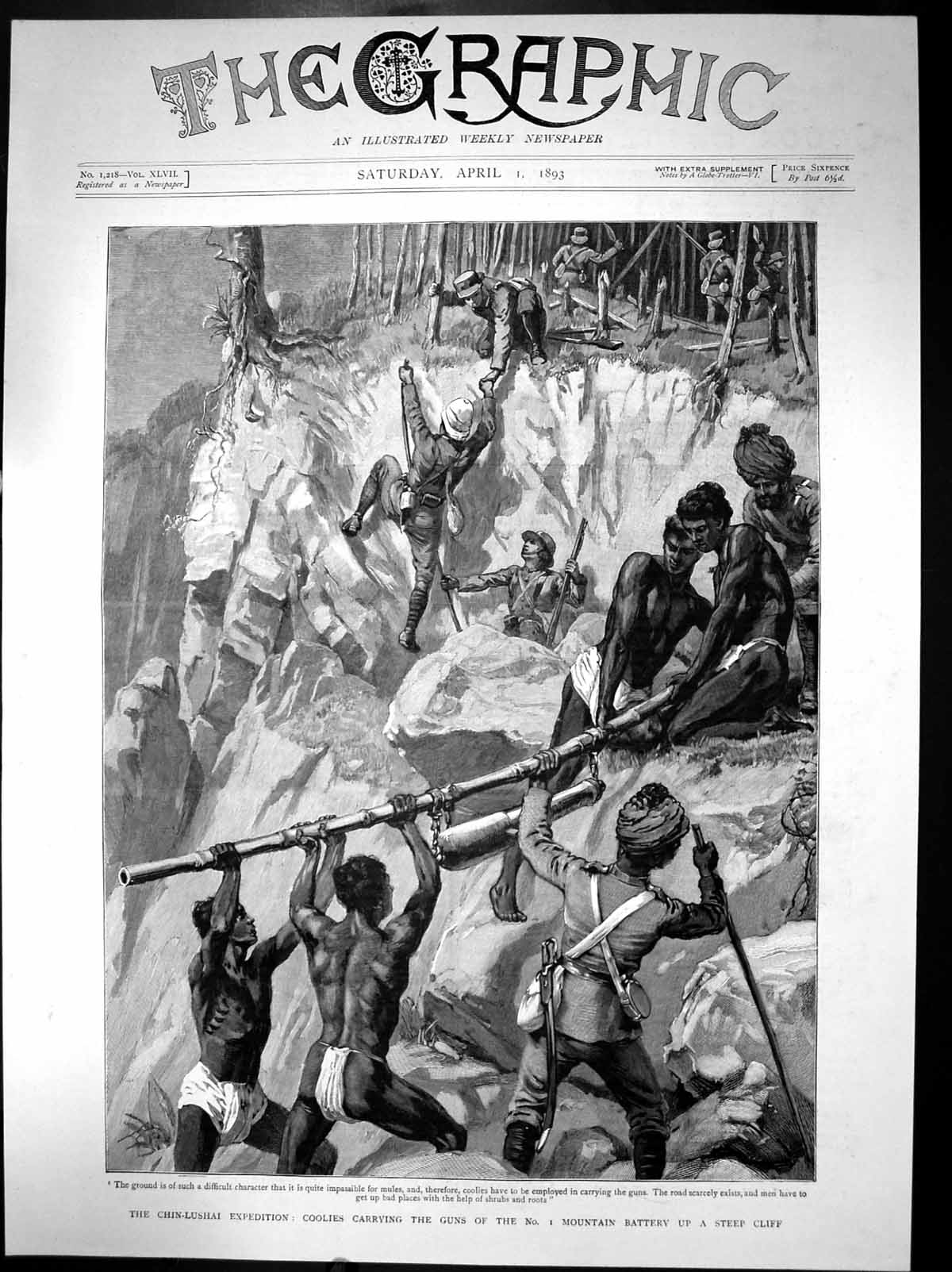 Old Chin-Lushai Expedition Coolies Carrying Guns Up Steep Cliff 1893 Victorian