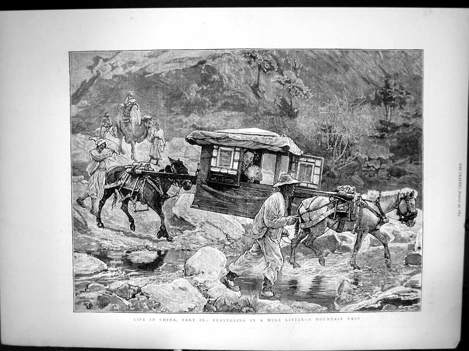 Old Print Life In China Travelling In A Mule Litter A Mountain Pass 1873 19th