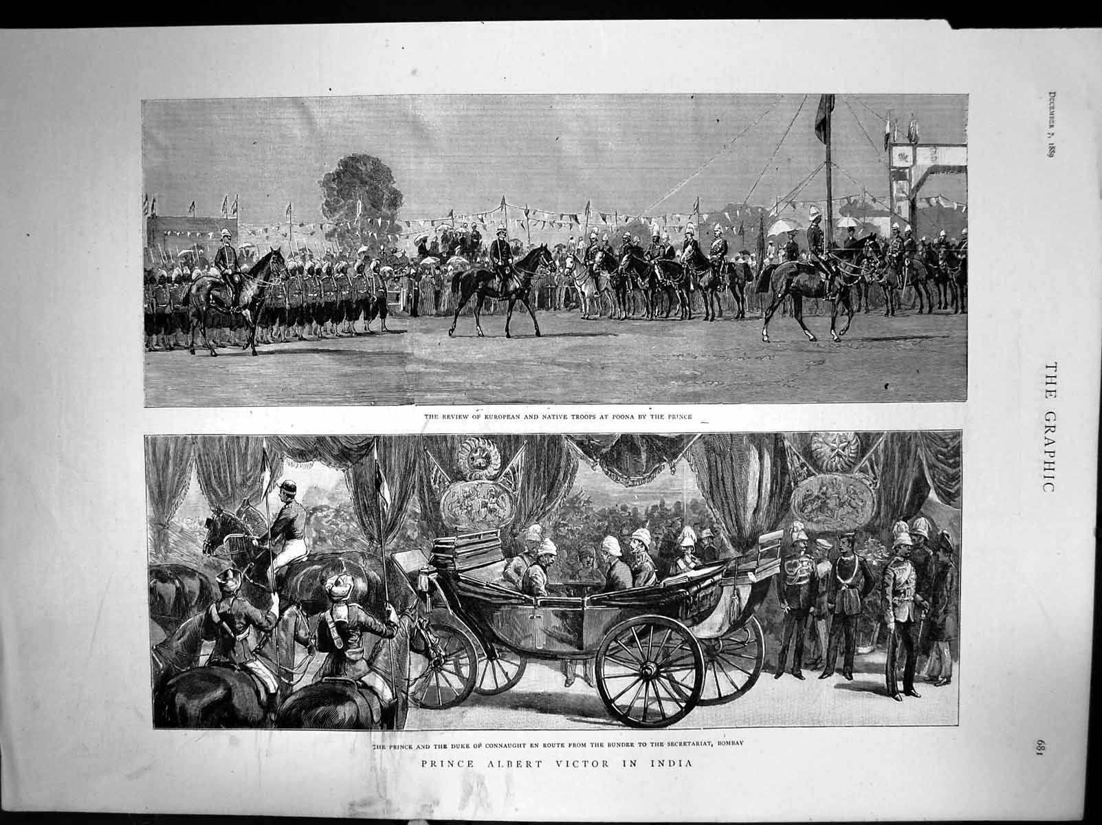 Old Print Prince Albert Victor In India Poona Bombay Connaught Duke 1889 19th