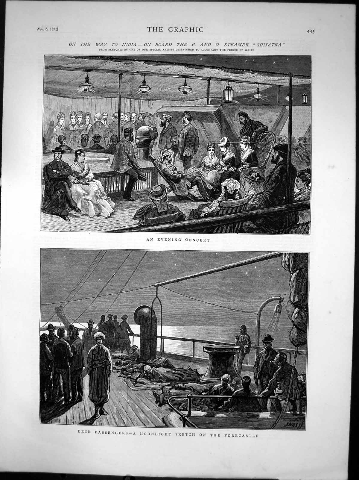 Old Print On Way To India Steamer Sumatra Evening Concert Moonlight 1875 19th