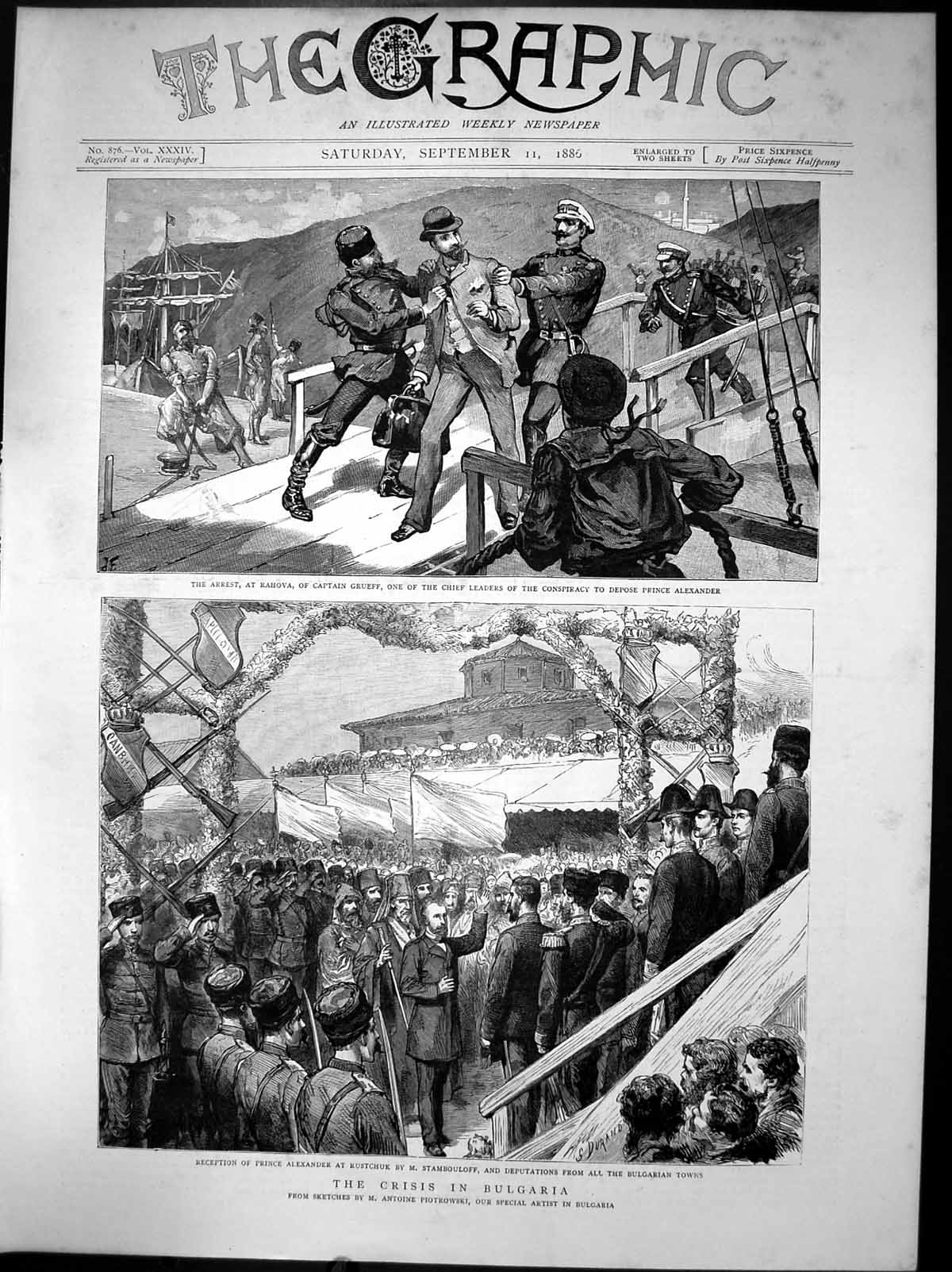 Old Print Crisis In Bulgaria Arrest Captain Grueff Prince Alexander 1886 19th