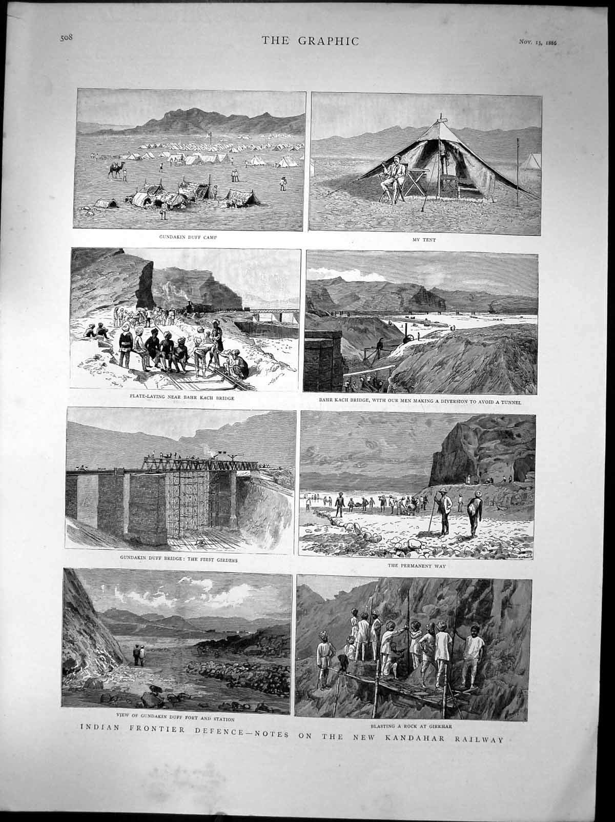 Old Print Indian Frontier Defence New Kandahar Railway Girkhar Camp 1886 19th