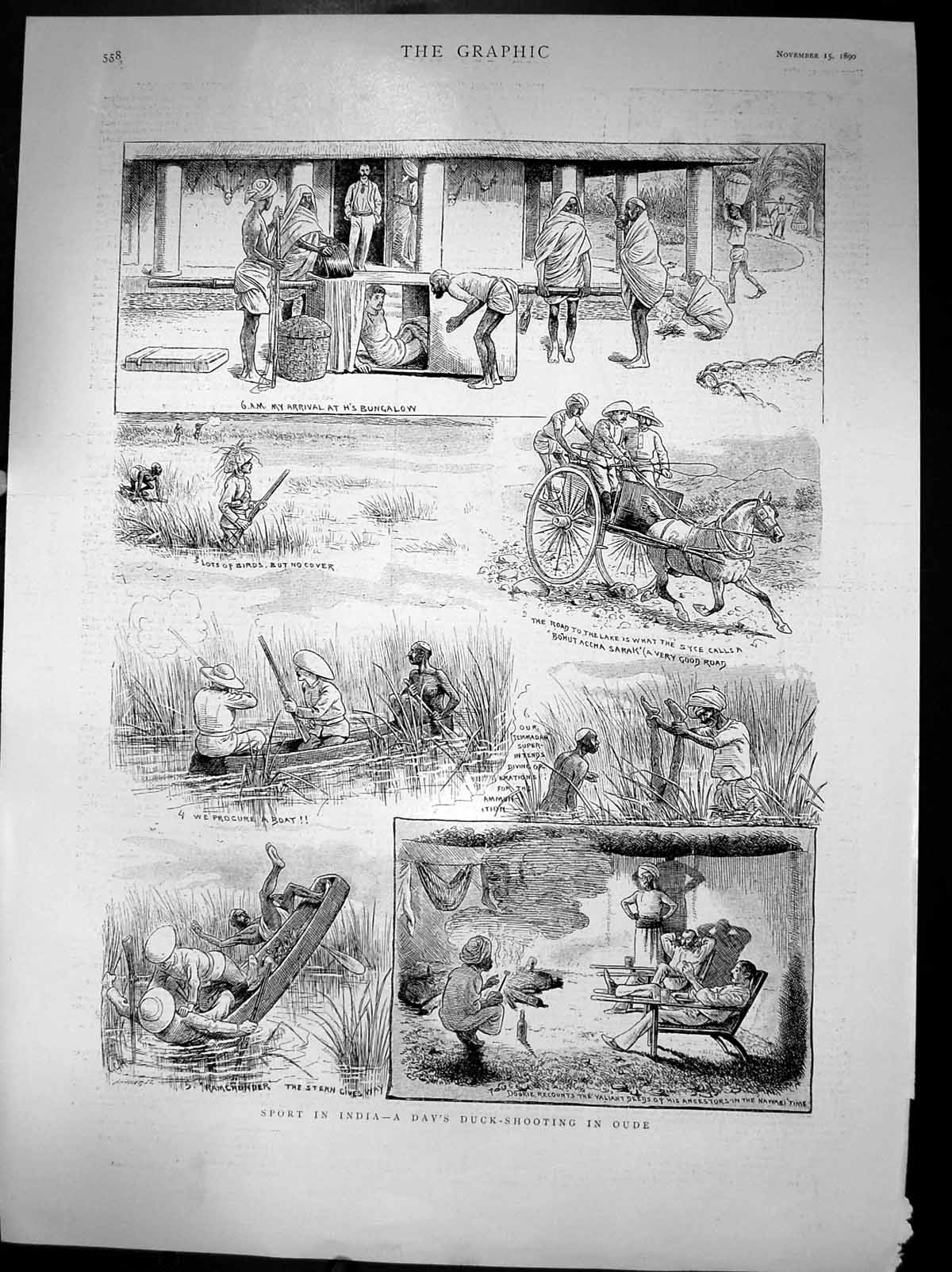 Old Sport In India Days Ducking-Shooting In Oude Boat Birds Lake 1890 Victorian