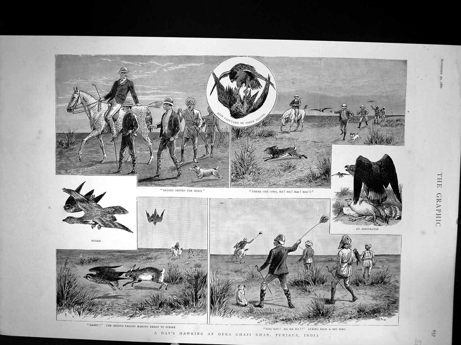 Old A Days Hawking At Dera Ghazi Khan Punjaub India Falcon Kite 1889 Victorian